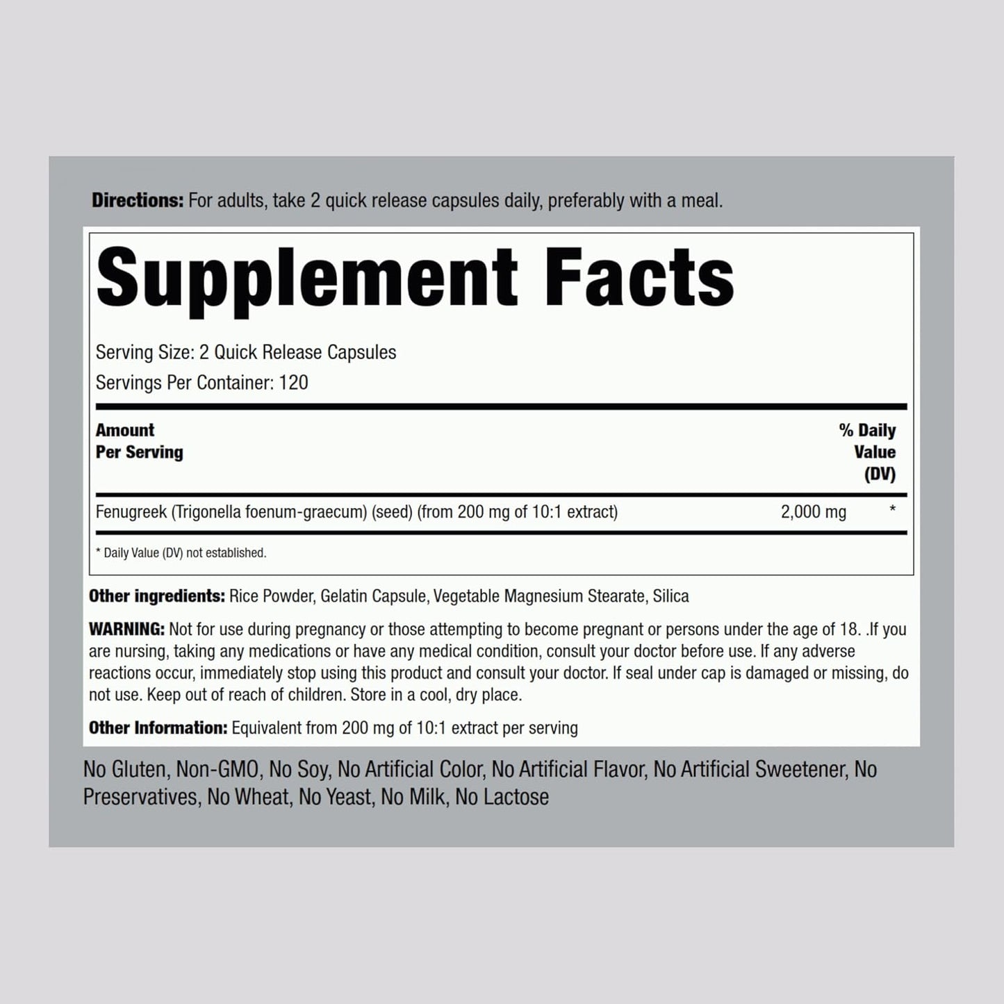 2000mg Fenugreek Seed Extract Capsules | 240 Pills | Non GMO, Gluten Free Supplement for Women & Men by Piping Rock