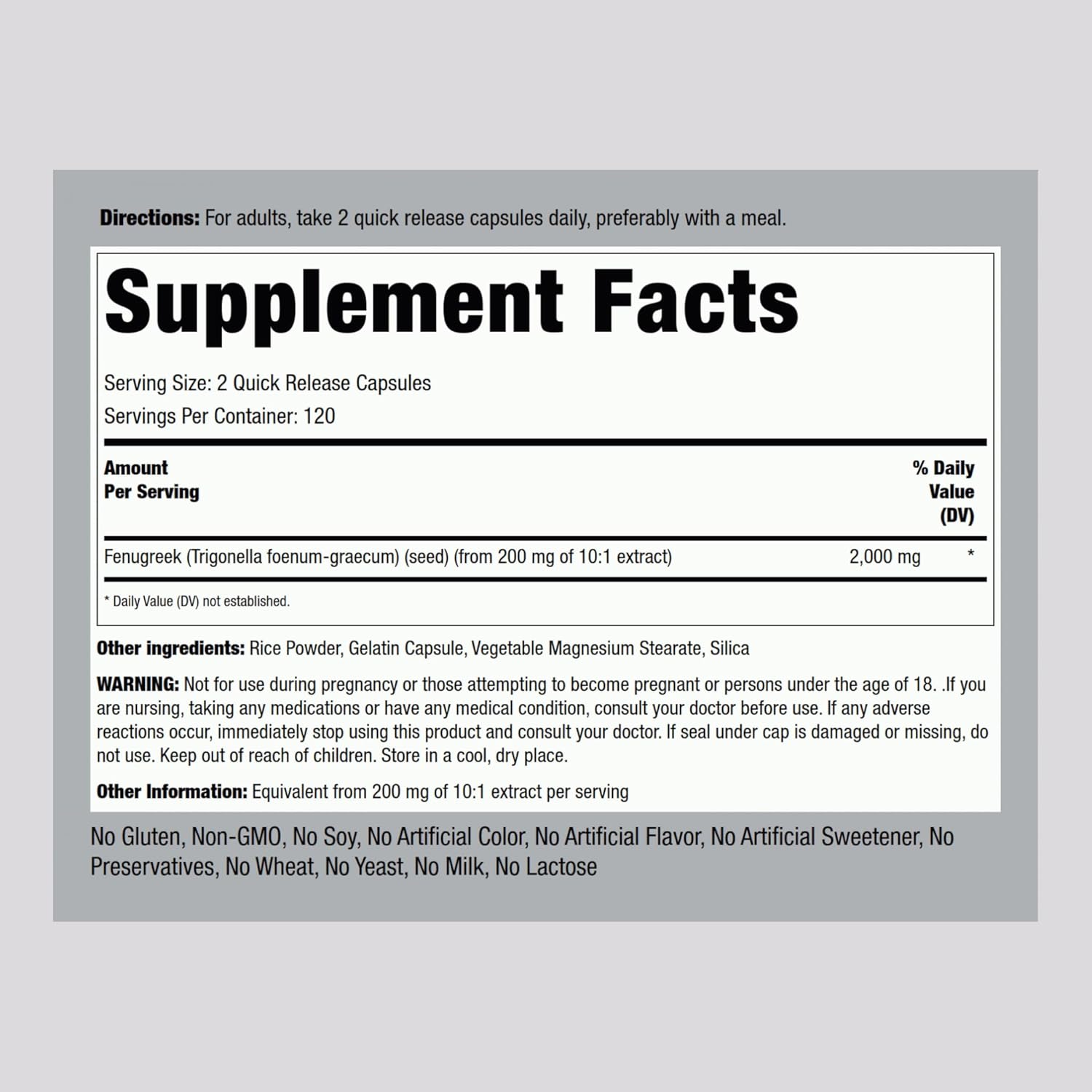 2000mg Fenugreek Seed Extract Capsules | 240 Pills | Non GMO, Gluten Free Supplement for Women & Men by Piping Rock