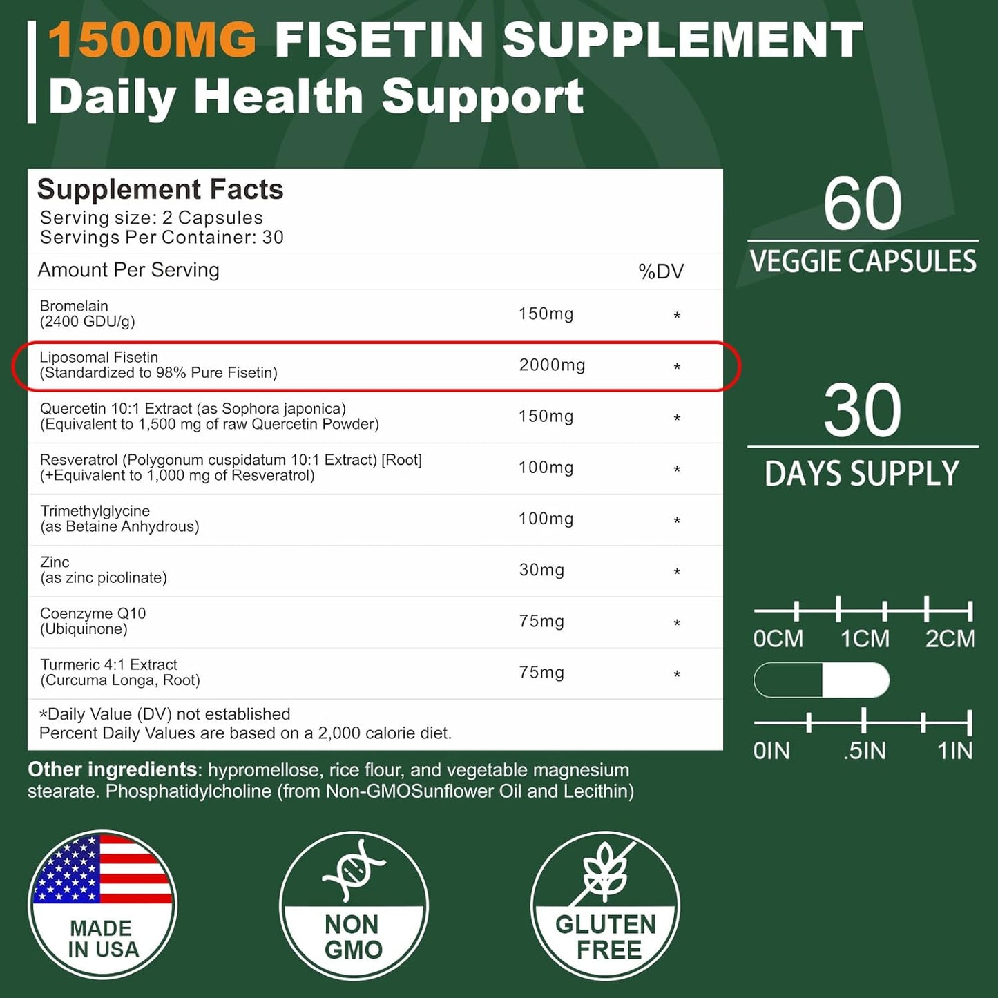 2000MG Liposomal Fisetin Supplement with Quercetin, TMG, and Resveratrol - 180 Capsules for Healthy Aging and Cognitive Support