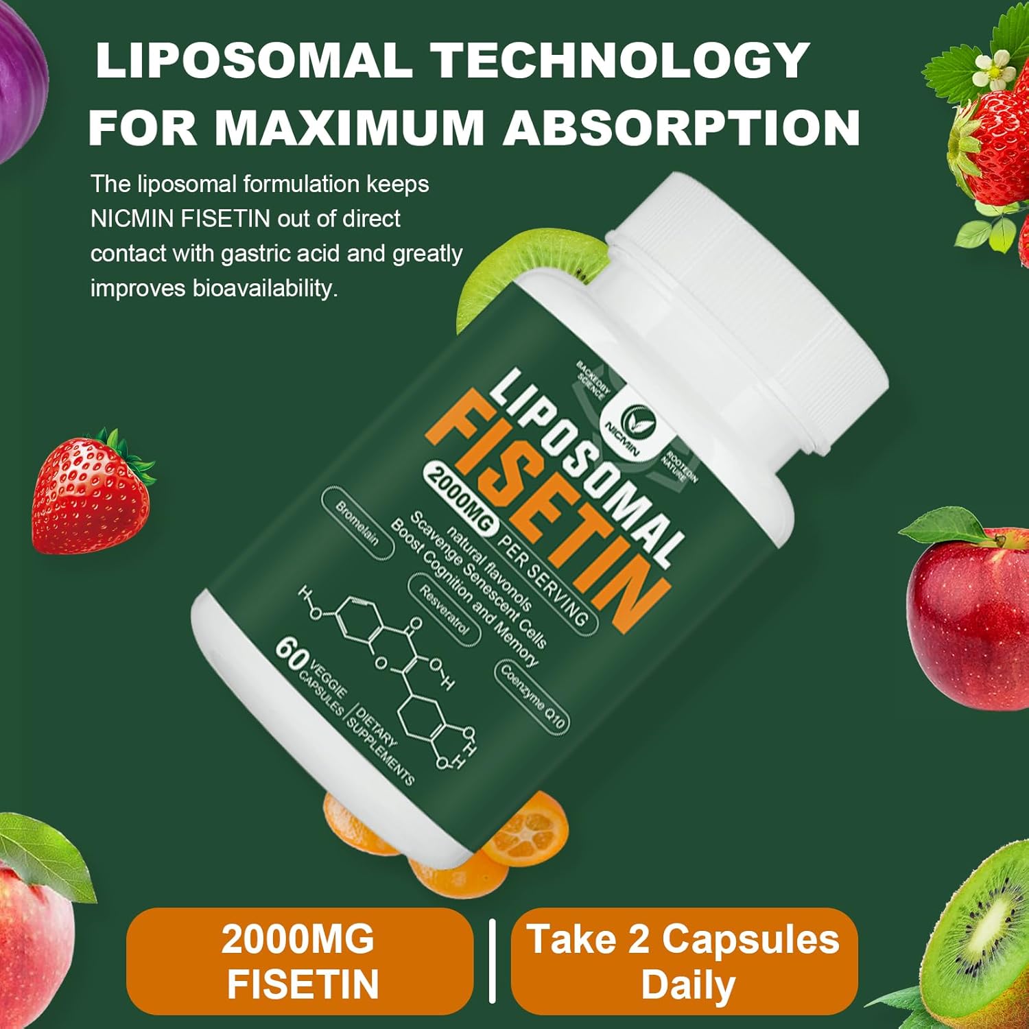 2000MG Liposomal Fisetin Supplement with Quercetin, TMG, and Resveratrol - 180 Capsules for Healthy Aging and Cognitive Support