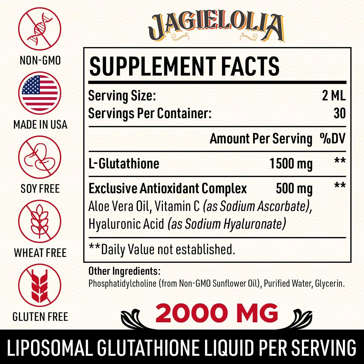 2000mg Liposomal Glutathione Liquid Drops for Liver Detox, Brain Function, Energy - 2 Fl.Oz