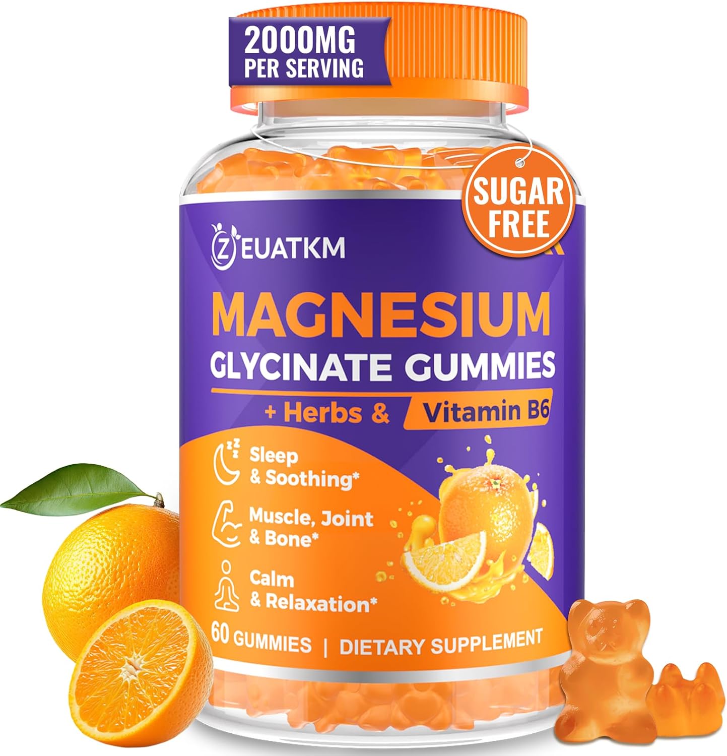 2000mg Magnesium Glycinate Gummies with Ashwagandha & B6 for Adults - 60 Vegan Gummies for Muscle, Bone, Relaxation & Energy