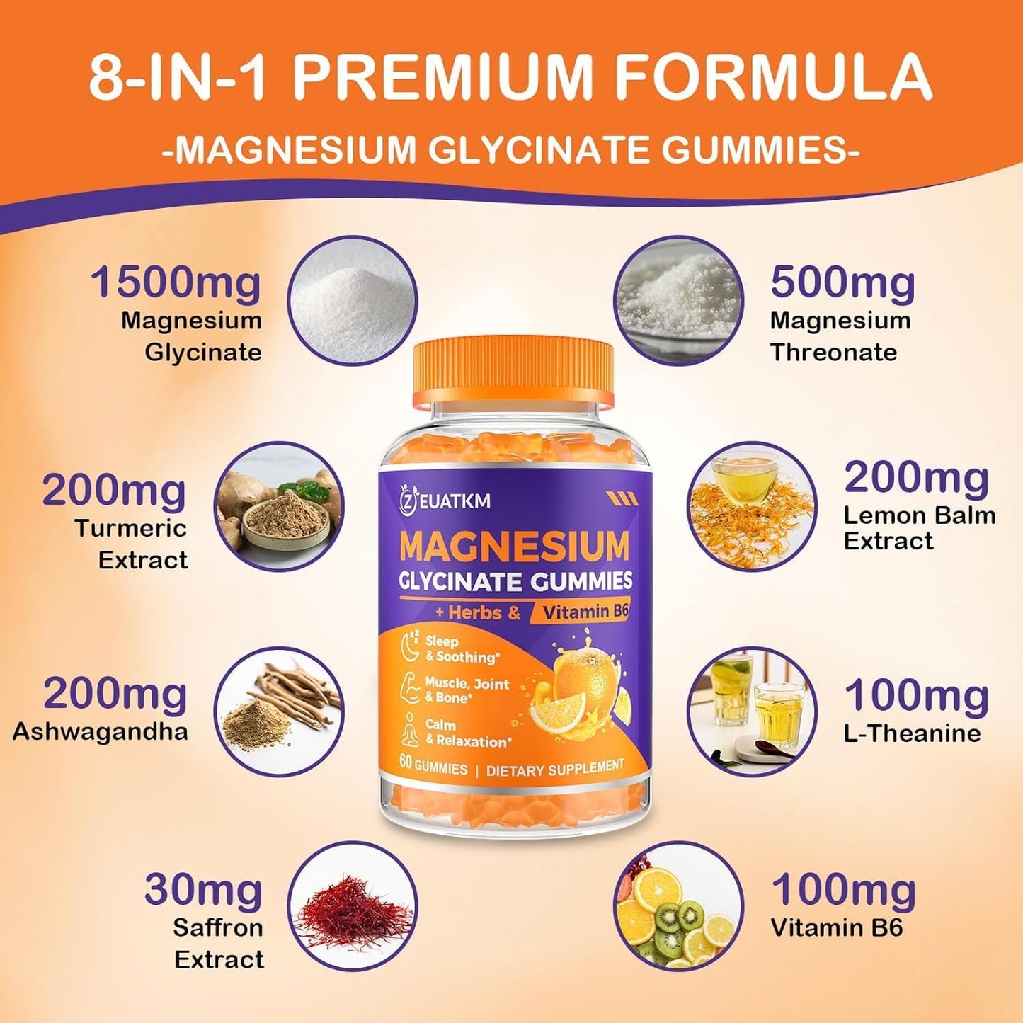 2000mg Magnesium Glycinate Gummies with Ashwagandha & B6 for Adults - 60 Vegan Gummies for Muscle, Bone, Relaxation & Energy