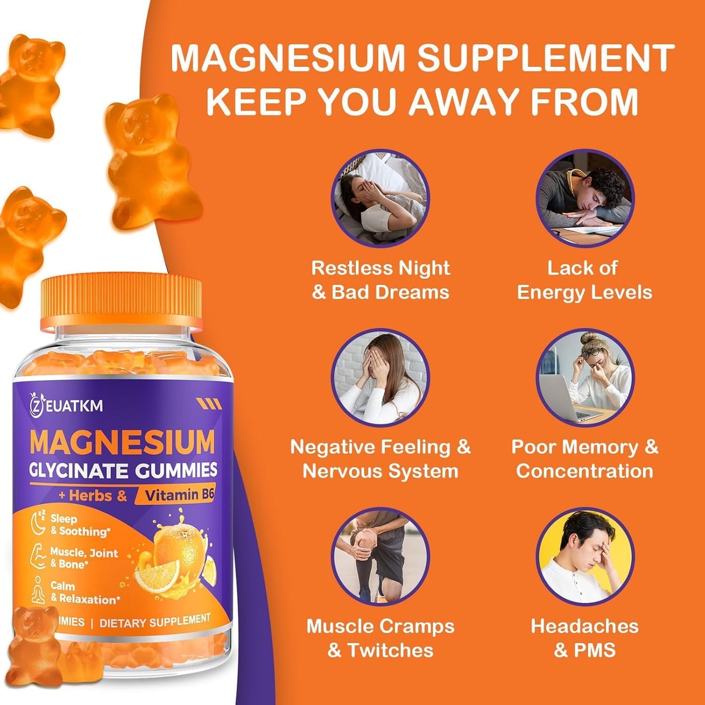 2000mg Magnesium Glycinate Gummies with Ashwagandha & B6 for Adults - 60 Vegan Gummies for Muscle, Bone, Relaxation & Energy