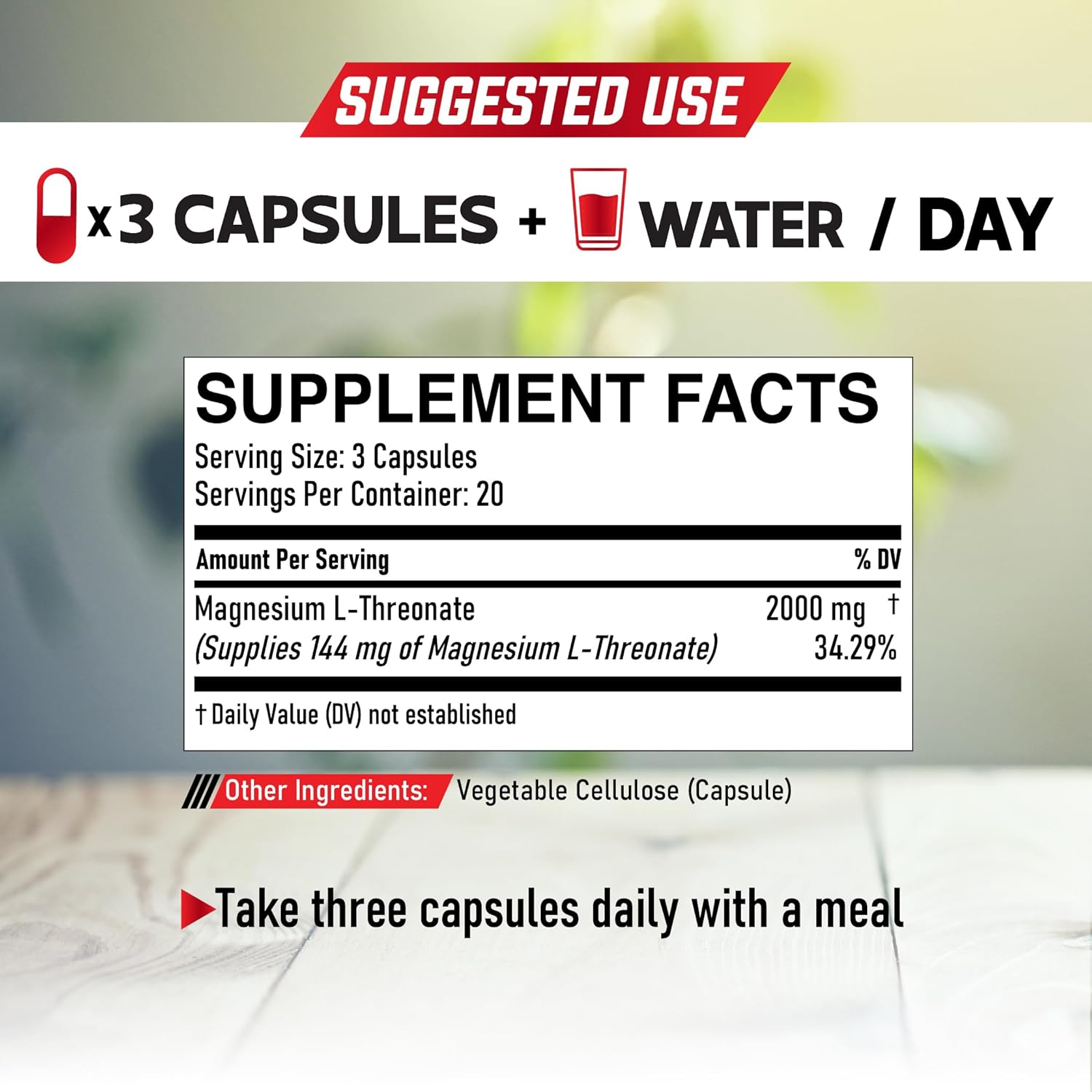 2000mg Magnesium L-Threonate Capsules - 144mg Elemental Magnesium - 60 Capsules