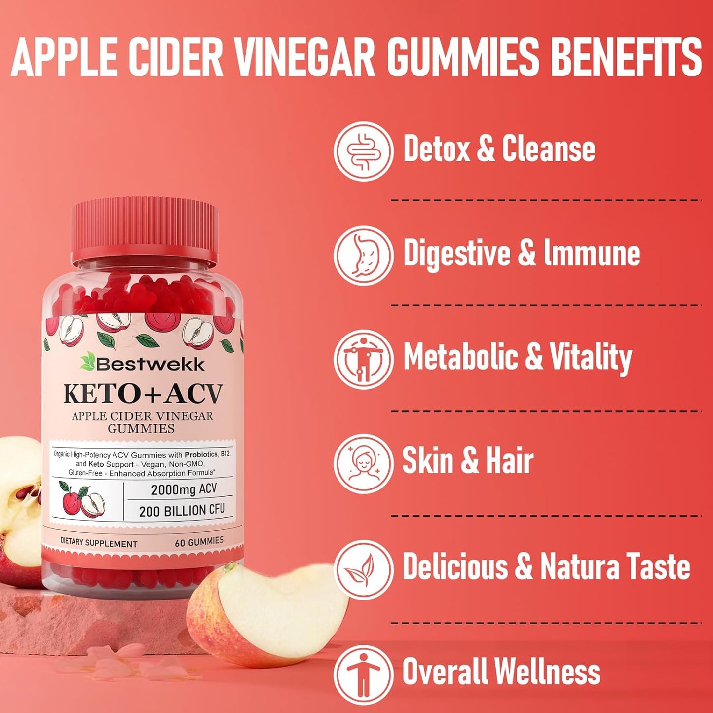 2000mg Max Strength Apple Cider Vinegar Gummies with Probiotics, B12, Keto Support - 240 Gelatin-Free Non-GMO ACV Gummies for Digestion, Metabolism, Detox, Gut & Immune Health