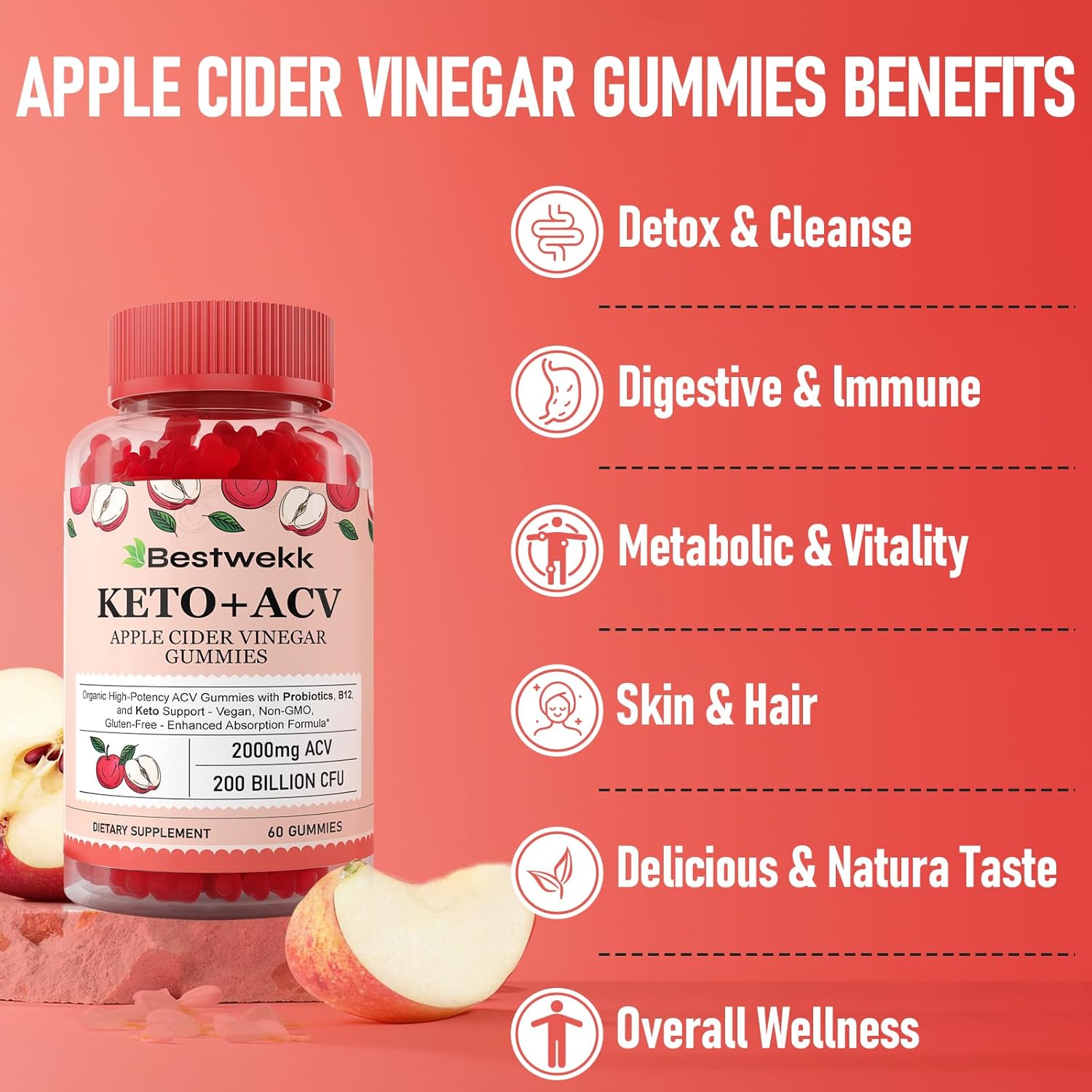 2000mg Max Strength Apple Cider Vinegar Gummies with Probiotics, B12, Keto Support - 240 Gelatin-Free Non-GMO ACV Gummies for Digestion, Metabolism, Detox, Gut & Immune Health