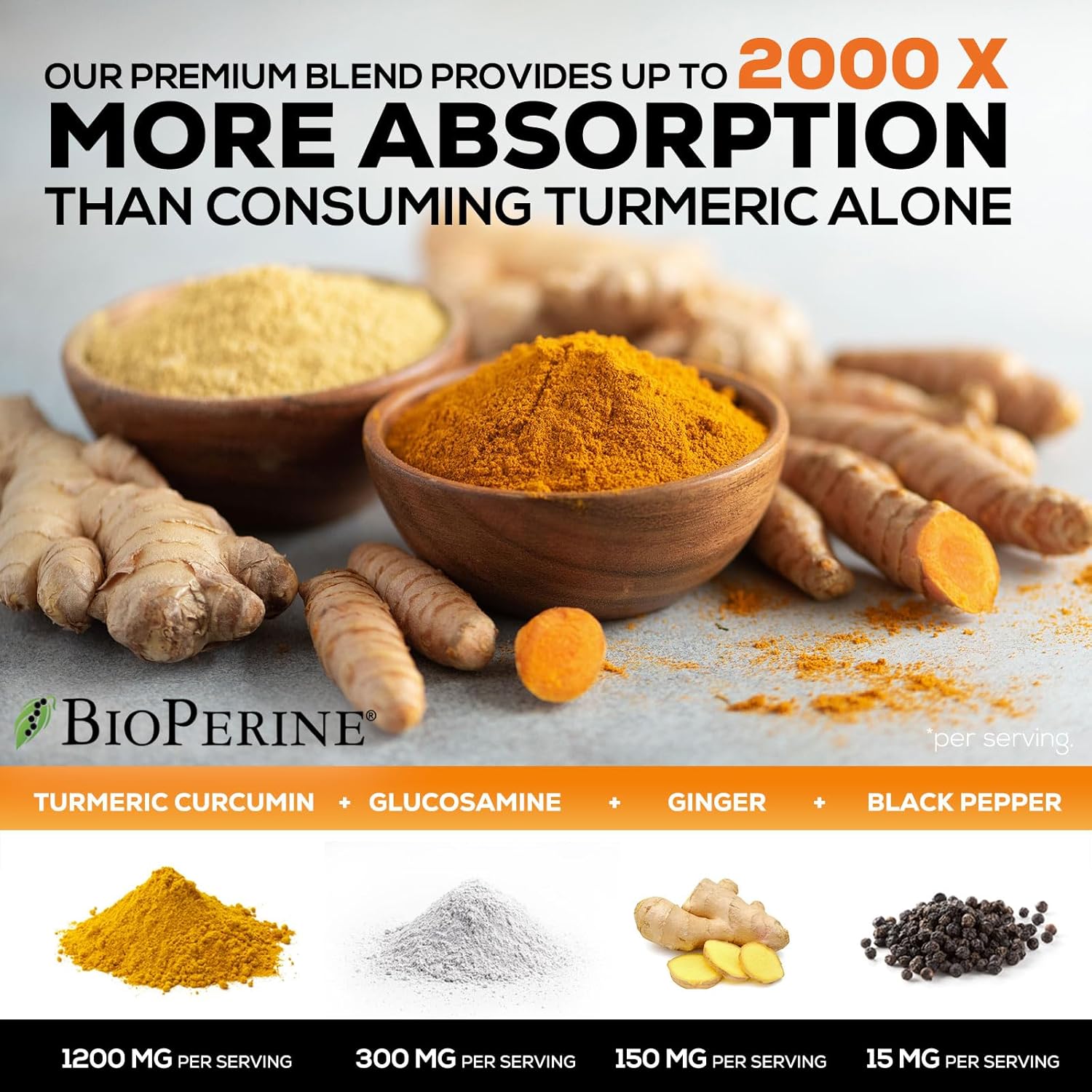 2000mg Turmeric Curcumin Supplement with Glucosamine, Chondroitin, Ginger & BioPerine - Joint Support - 60 Capsules - Non-GMO - Made in USA - BoostGo Australia