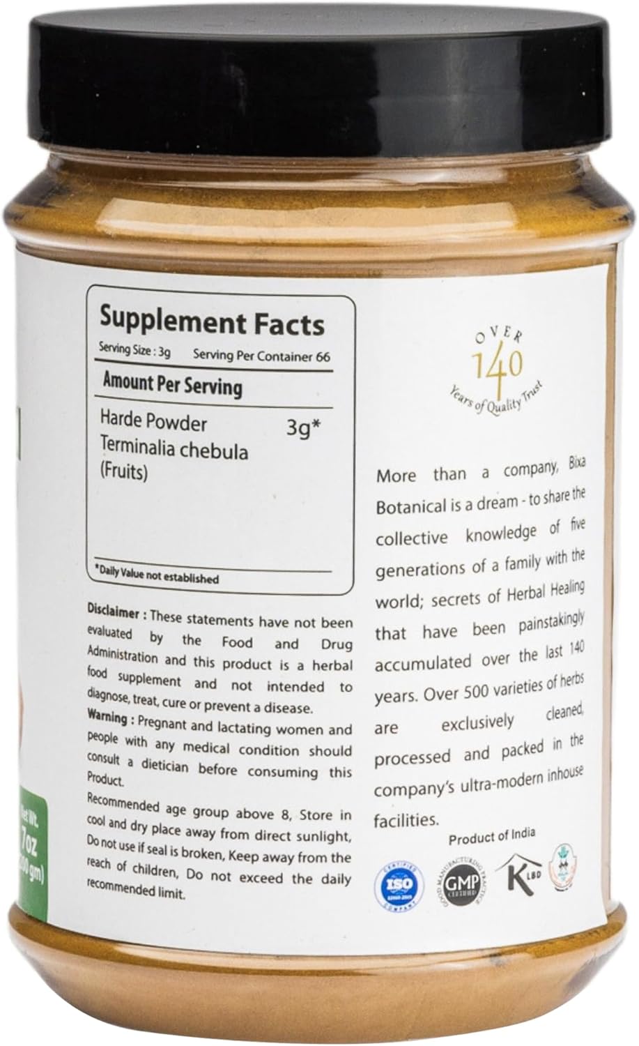 200g Bixa BOTANICAL Haritaki Powder | Terminalia Chebula | Natural Bowel Cleansing Supplement | Ayurvedic & Vegan-Friendly | Non-GMO