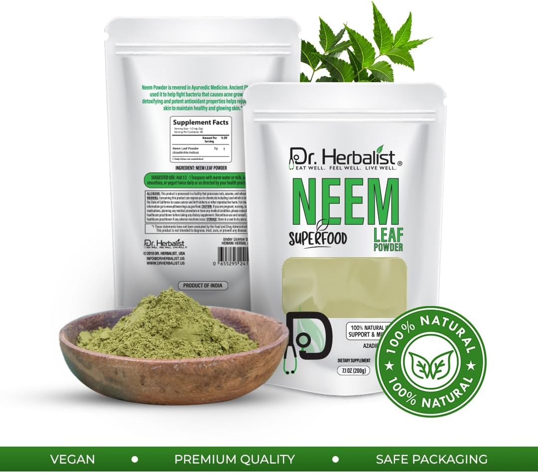 200g Neem Leaf Powder by Dr. Herbalist - Azadirachta Indica for Skin, Hair, Wellness - 100% Natural, Vegan, Cruelty-Free