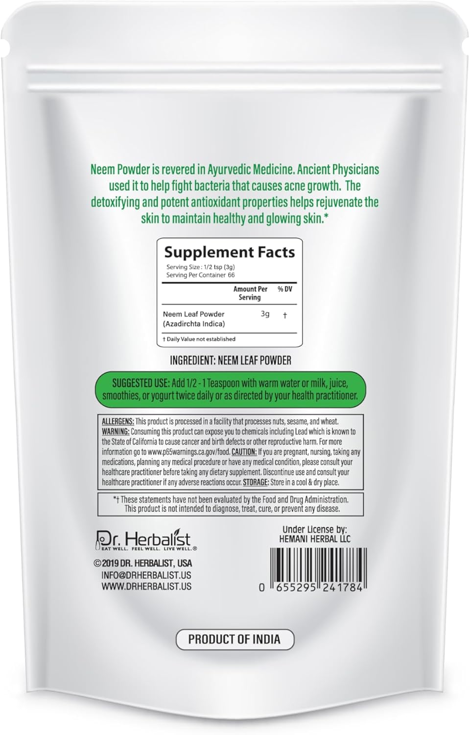 200g Neem Leaf Powder by Dr. Herbalist - Azadirachta Indica for Skin, Hair, Wellness - 100% Natural, Vegan, Cruelty-Free