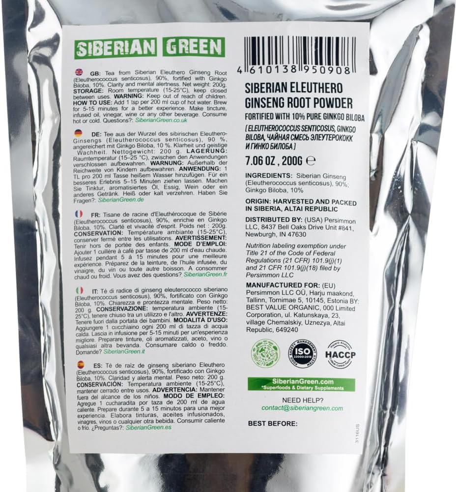 200g Siberian Green Siberian Ginseng Dried Root Powder with Ginkgo Biloba