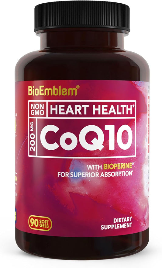 200mg BioEmblem CoQ10 Softgels with BioPerine for Superior Absorption - Heart & Energy Support - 90 Count, Non-GMO Formula