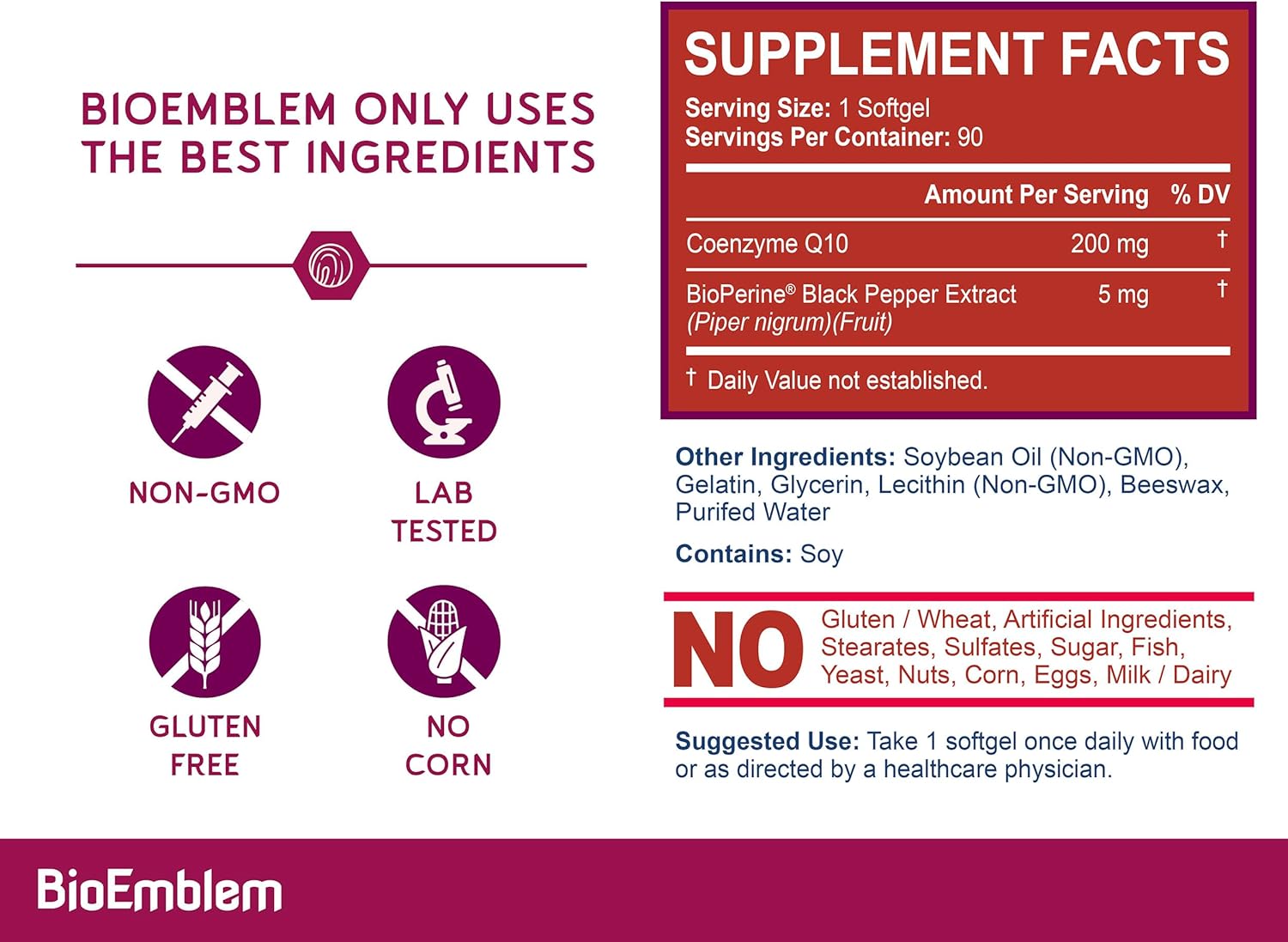 200mg BioEmblem CoQ10 Softgels with BioPerine for Superior Absorption - Heart & Energy Support - 90 Count, Non-GMO Formula