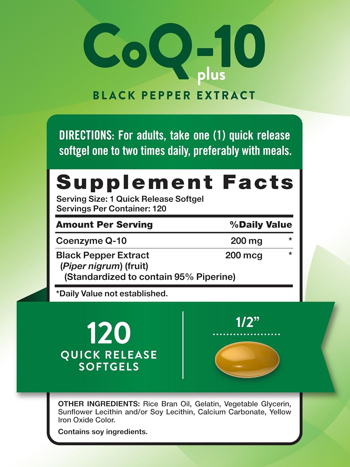 200mg CoQ10 Softgels with High Absorption, Non-GMO, Gluten Free, 120 Count with Black Pepper Extract