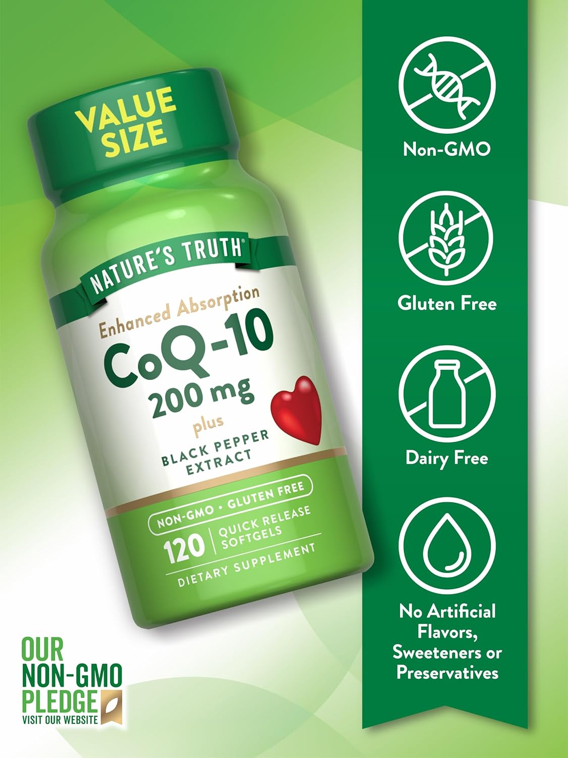 200mg CoQ10 Softgels with High Absorption, Non-GMO, Gluten Free, 120 Count with Black Pepper Extract