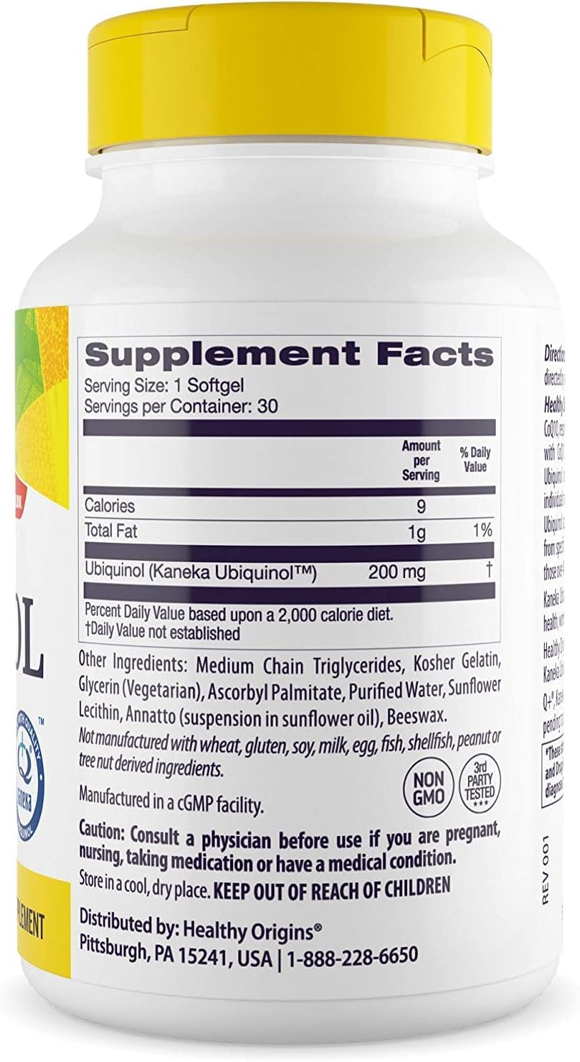 200mg Healthy Origins Ubiquinol Softgels for Heart Health & Antioxidant Support, Gluten-Free & Non-GMO - Kaneka Ubiquinol Supplements