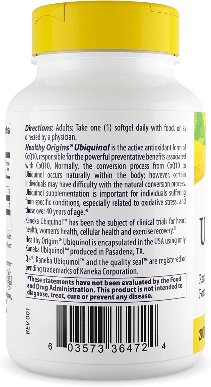 200mg Healthy Origins Ubiquinol Softgels for Heart Health & Antioxidant Support, Gluten-Free & Non-GMO - Kaneka Ubiquinol Supplements