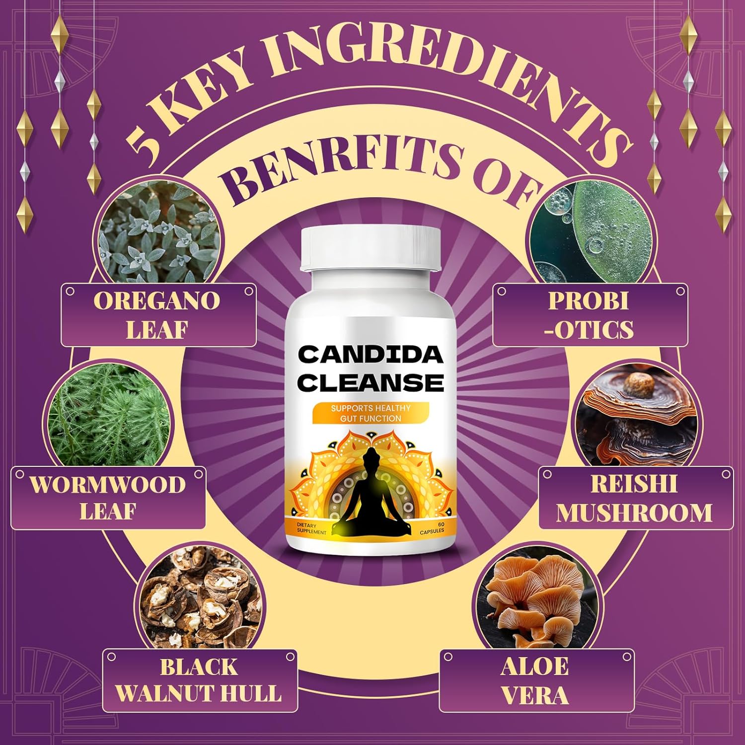 2025 Advanced Probiotic & Herbal Formula for Candida Cleanse - Gut & Colon Support with Oregano Leaf, Wormwood, Black Walnut - Anti Yeast Overgrowth Supplement 60 Capsules