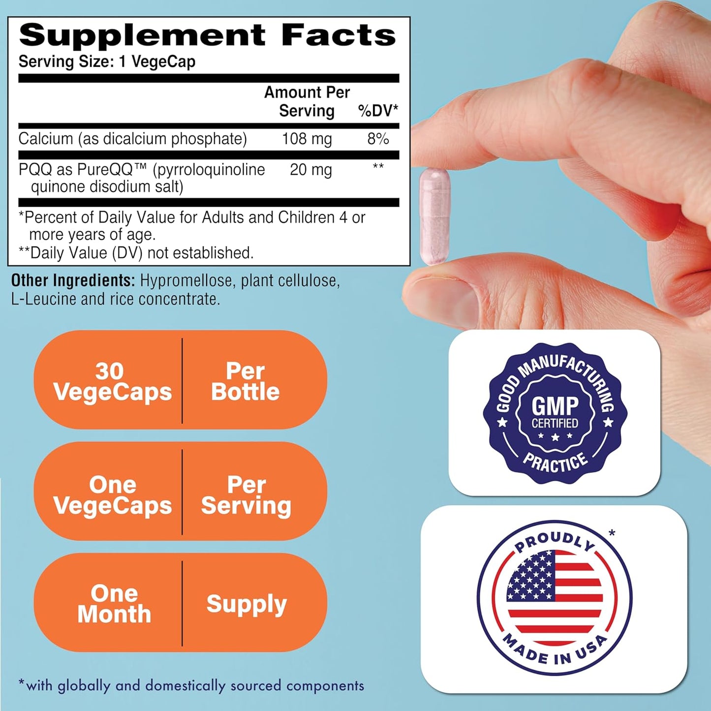 20mg PQQ Supplement for Mitochondrial Biogenesis | Certified Vegan | Non-GMO Gluten Soy Free | 30 Servings of PureQQ Capsules by Health Thru Nutrition