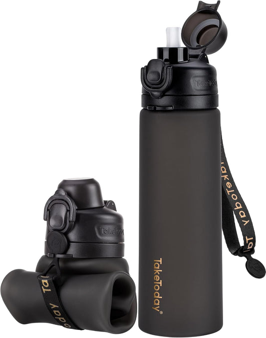 20oz Collapsible Water Bottle with Leak Proof Straw - BPA-Free Silicone Foldable Bottle for Travel, Cycling, Hiking - TakeToday