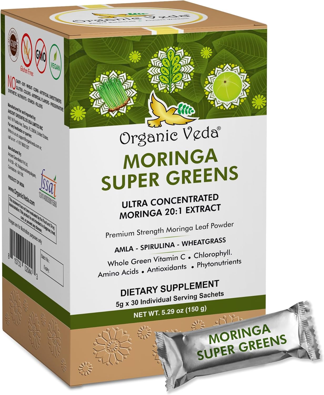 20x Concentrated Organic Veda Moringa Powder Super Greens Drink Mix with Wheatgrass, Spirulina, and Chlorophyll - Boost Energy & Immunity with Green Vitamin C - 30 Sachets