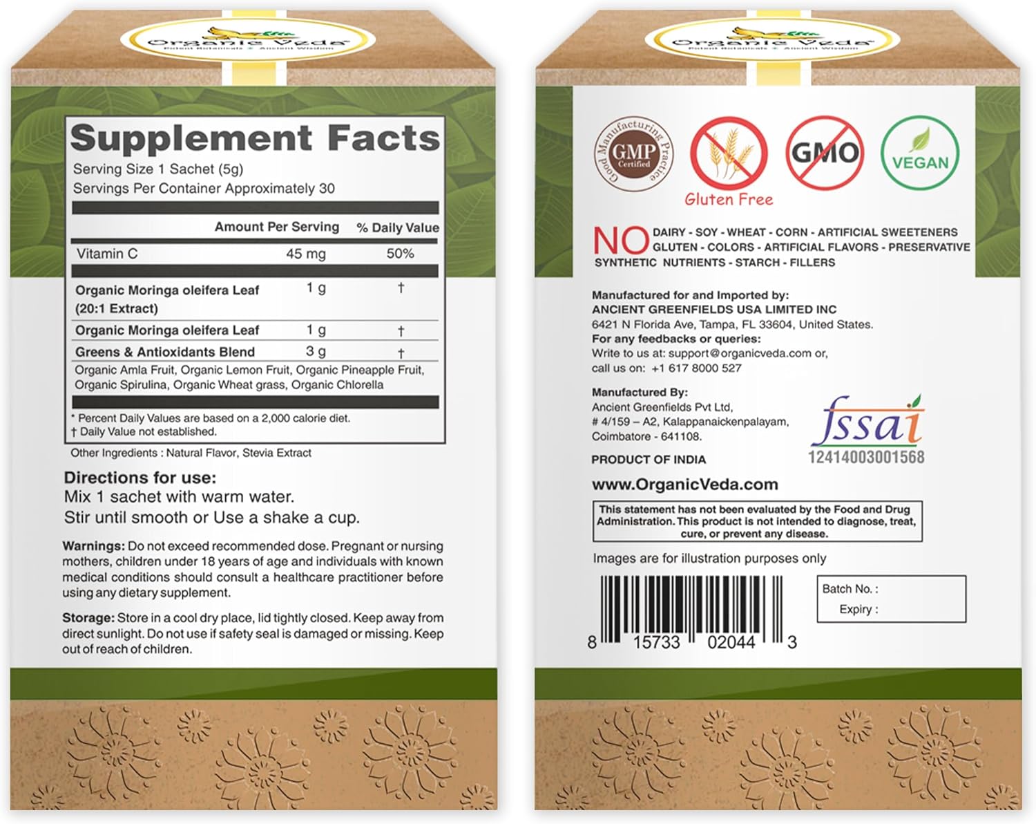 20x Concentrated Organic Veda Moringa Powder Super Greens Drink Mix with Wheatgrass, Spirulina, and Chlorophyll - Boost Energy & Immunity with Green Vitamin C - 30 Sachets