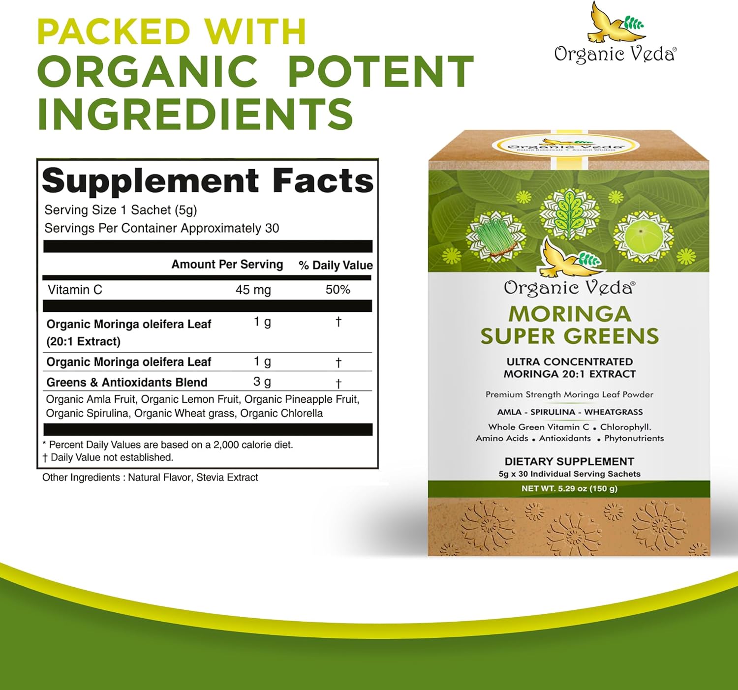 20x Concentrated Organic Veda Moringa Powder Super Greens Drink Mix with Wheatgrass, Spirulina, and Chlorophyll - Boost Energy & Immunity with Green Vitamin C - 30 Sachets