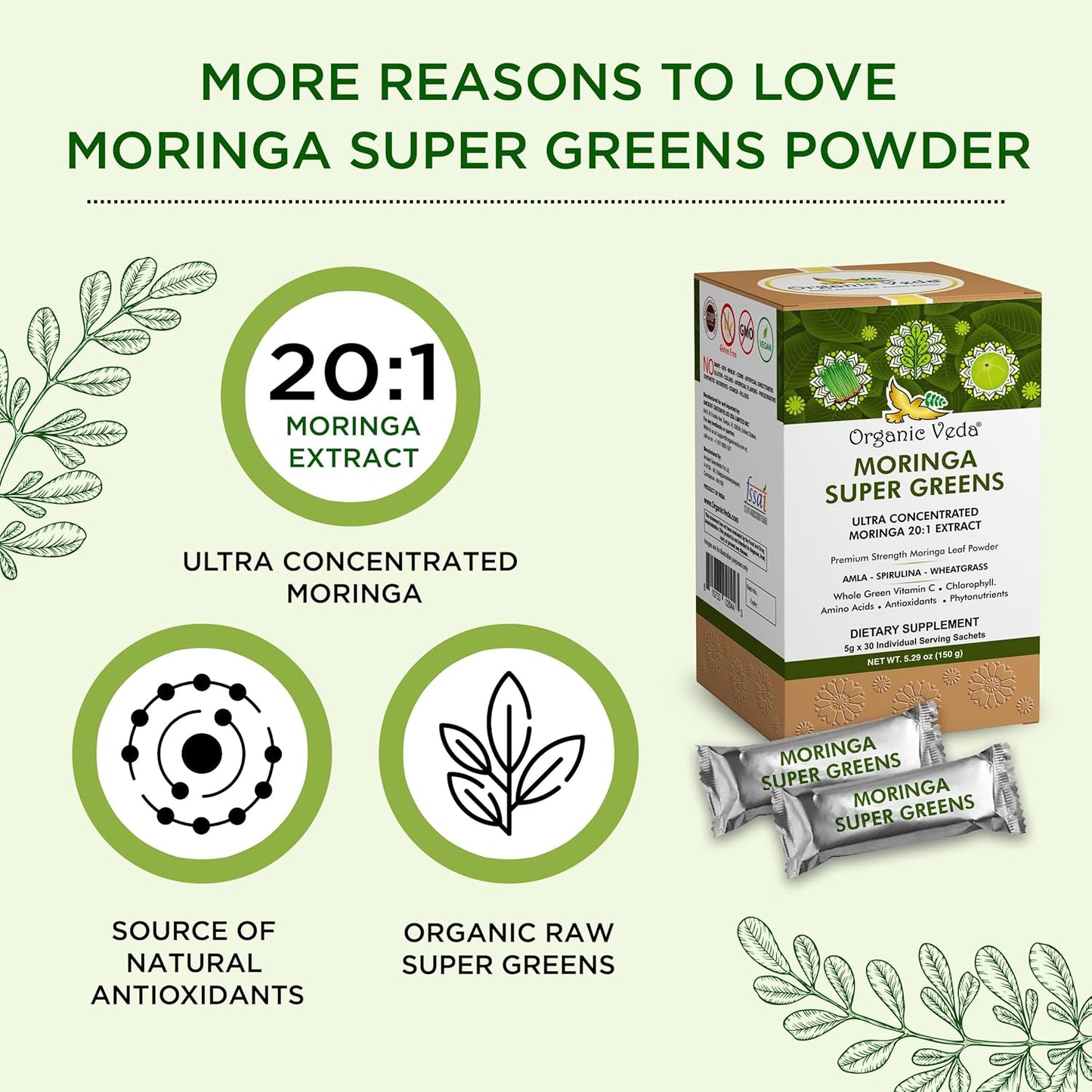 20x Concentrated Organic Veda Moringa Powder Super Greens Drink Mix with Wheatgrass, Spirulina, and Chlorophyll - Boost Energy & Immunity with Green Vitamin C - 30 Sachets
