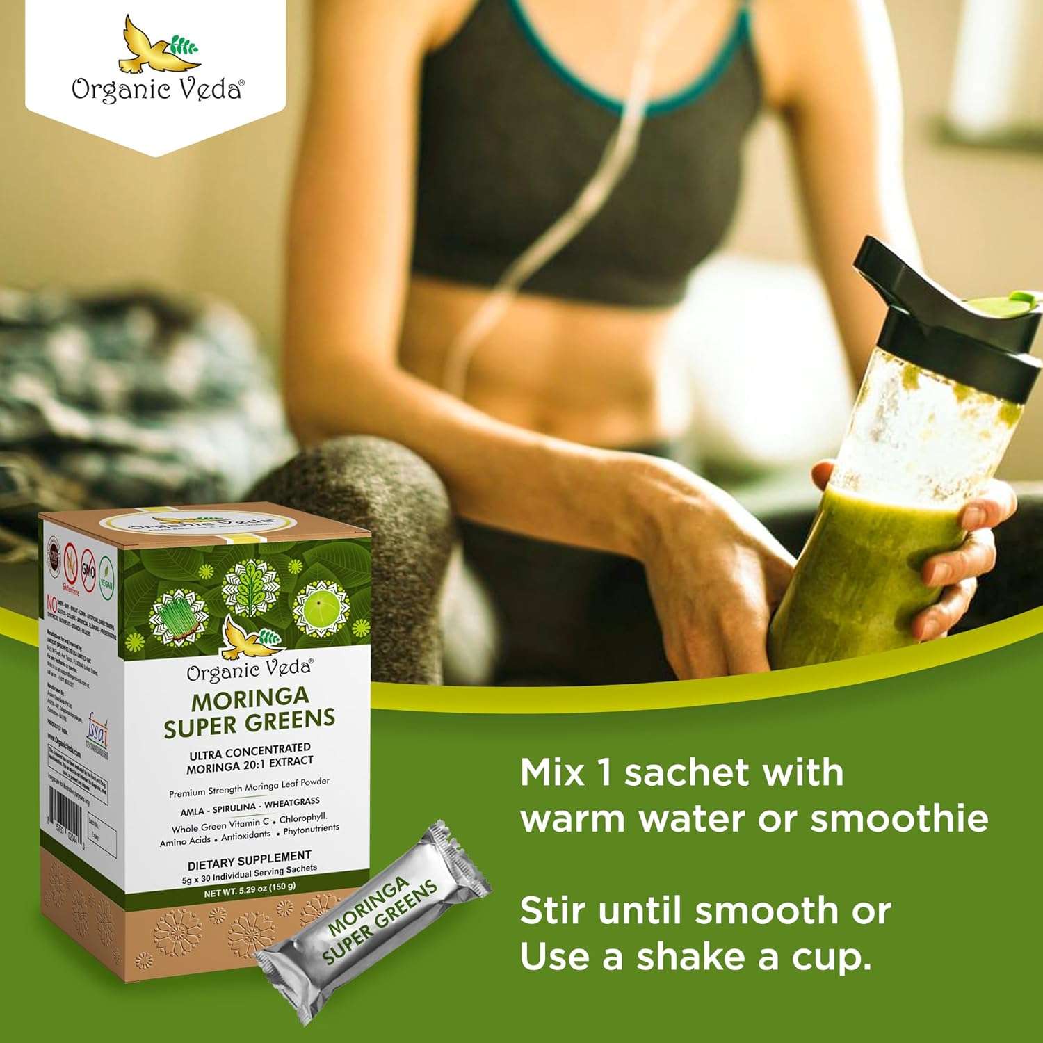 20x Concentrated Organic Veda Moringa Powder Super Greens Drink Mix with Wheatgrass, Spirulina, and Chlorophyll - Boost Energy & Immunity with Green Vitamin C - 30 Sachets