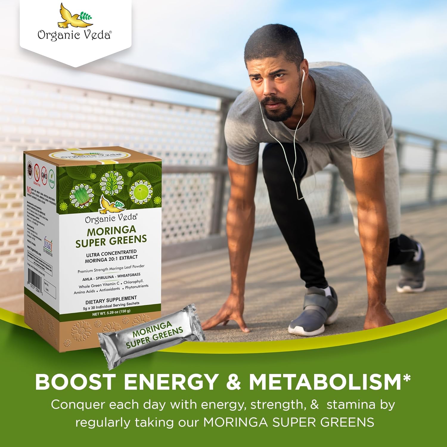 20x Concentrated Organic Veda Moringa Powder Super Greens Drink Mix with Wheatgrass, Spirulina, and Chlorophyll - Boost Energy & Immunity with Green Vitamin C - 30 Sachets