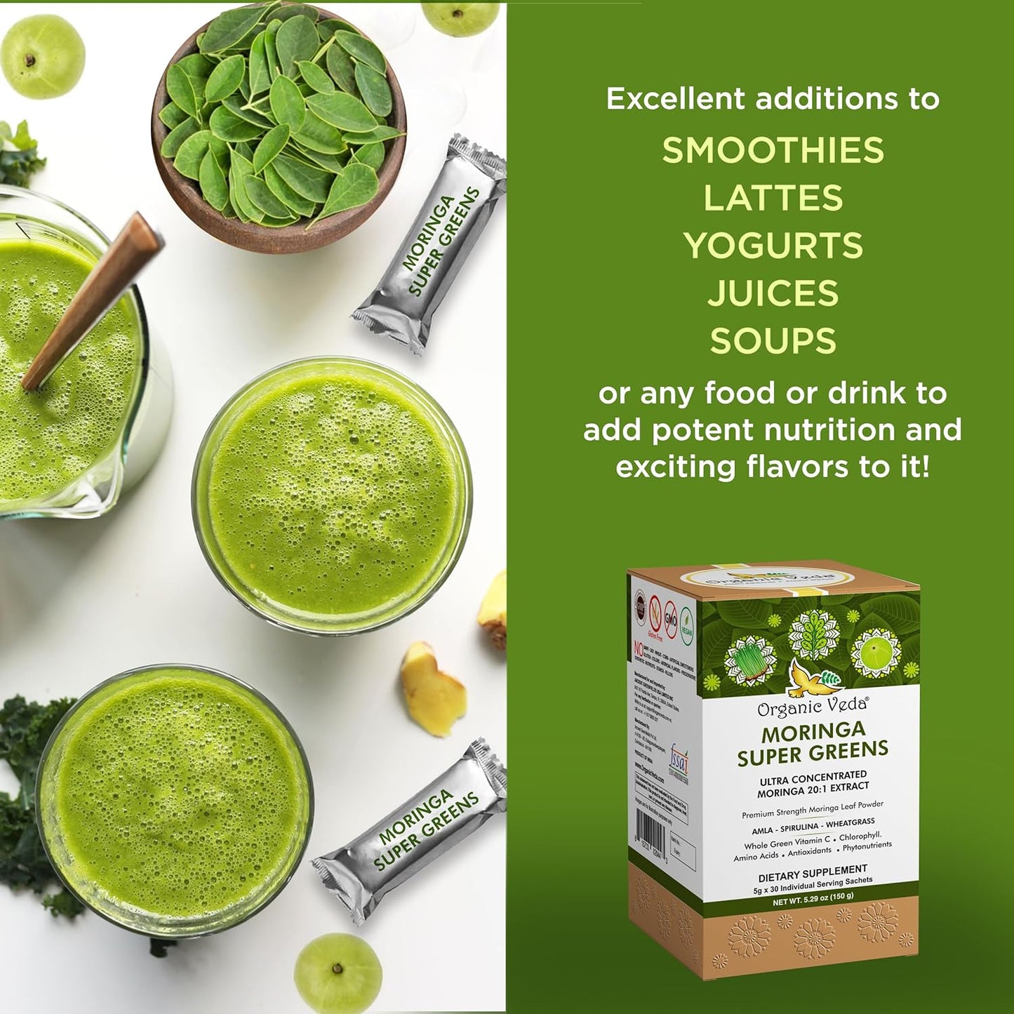 20x Concentrated Organic Veda Moringa Powder Super Greens Drink Mix with Wheatgrass, Spirulina, and Chlorophyll - Boost Energy & Immunity with Green Vitamin C - 30 Sachets