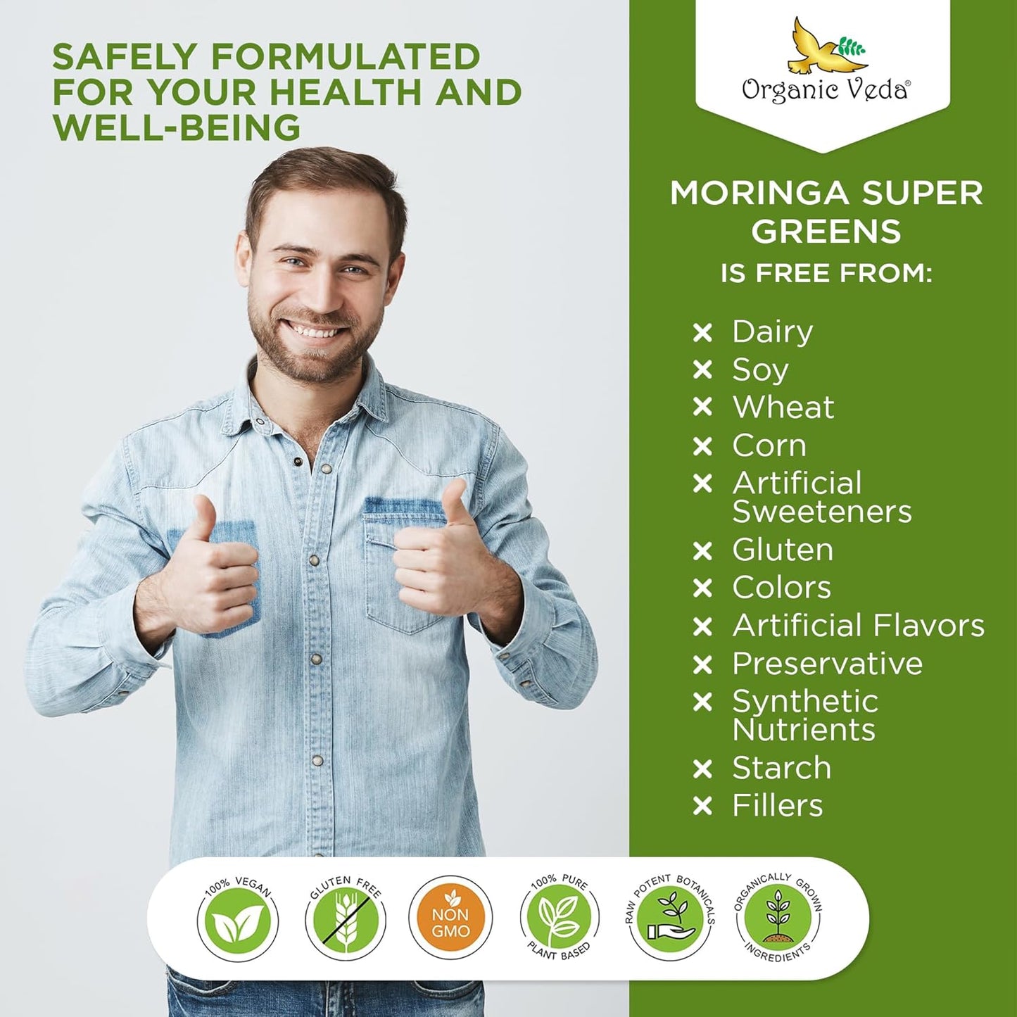 20x Concentrated Organic Veda Moringa Powder Super Greens Drink Mix with Wheatgrass, Spirulina, and Chlorophyll - Boost Energy & Immunity with Green Vitamin C - 30 Sachets