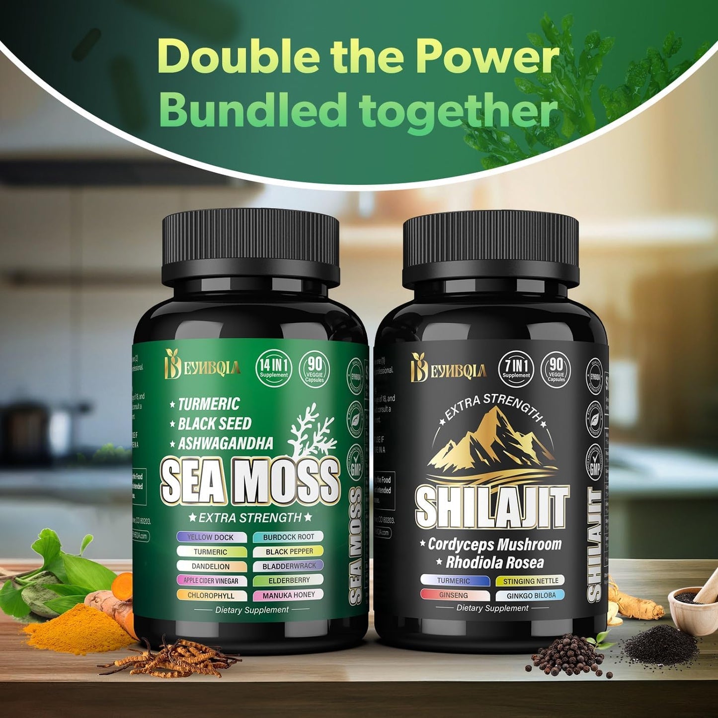 21-in-1 Sea Moss and Shilajit Bundle Capsules - 90 Vegetarian Capsules - Black Seed Oil, Ashwagandha, Turmeric, Rhodiola Rosea, Burdock, Bladderwrack - 2 Pack