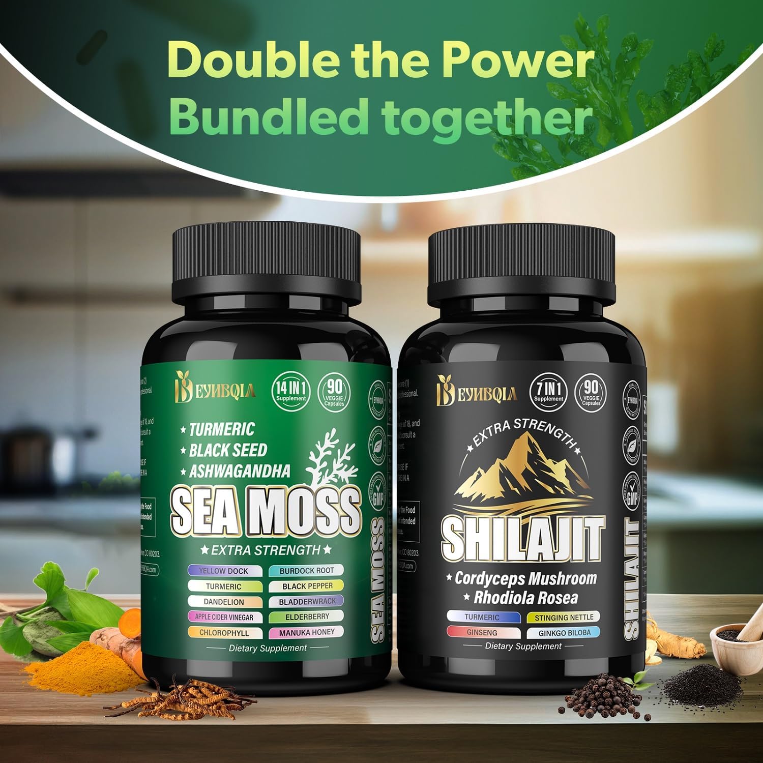 21-in-1 Sea Moss and Shilajit Bundle Capsules - 90 Vegetarian Capsules - Black Seed Oil, Ashwagandha, Turmeric, Rhodiola Rosea, Burdock, Bladderwrack - 2 Pack