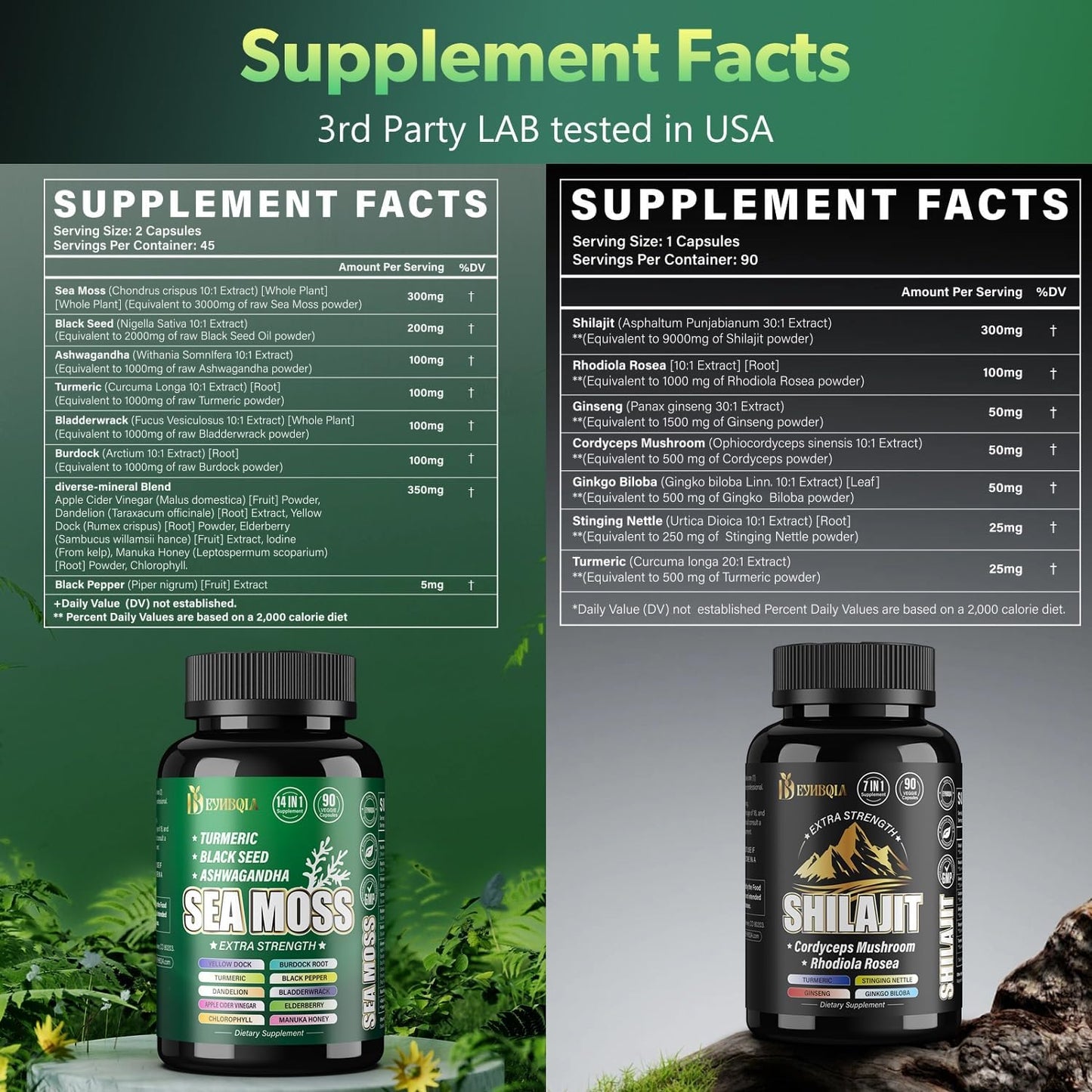 21-in-1 Sea Moss and Shilajit Bundle Capsules - 90 Vegetarian Capsules - Black Seed Oil, Ashwagandha, Turmeric, Rhodiola Rosea, Burdock, Bladderwrack - 2 Pack