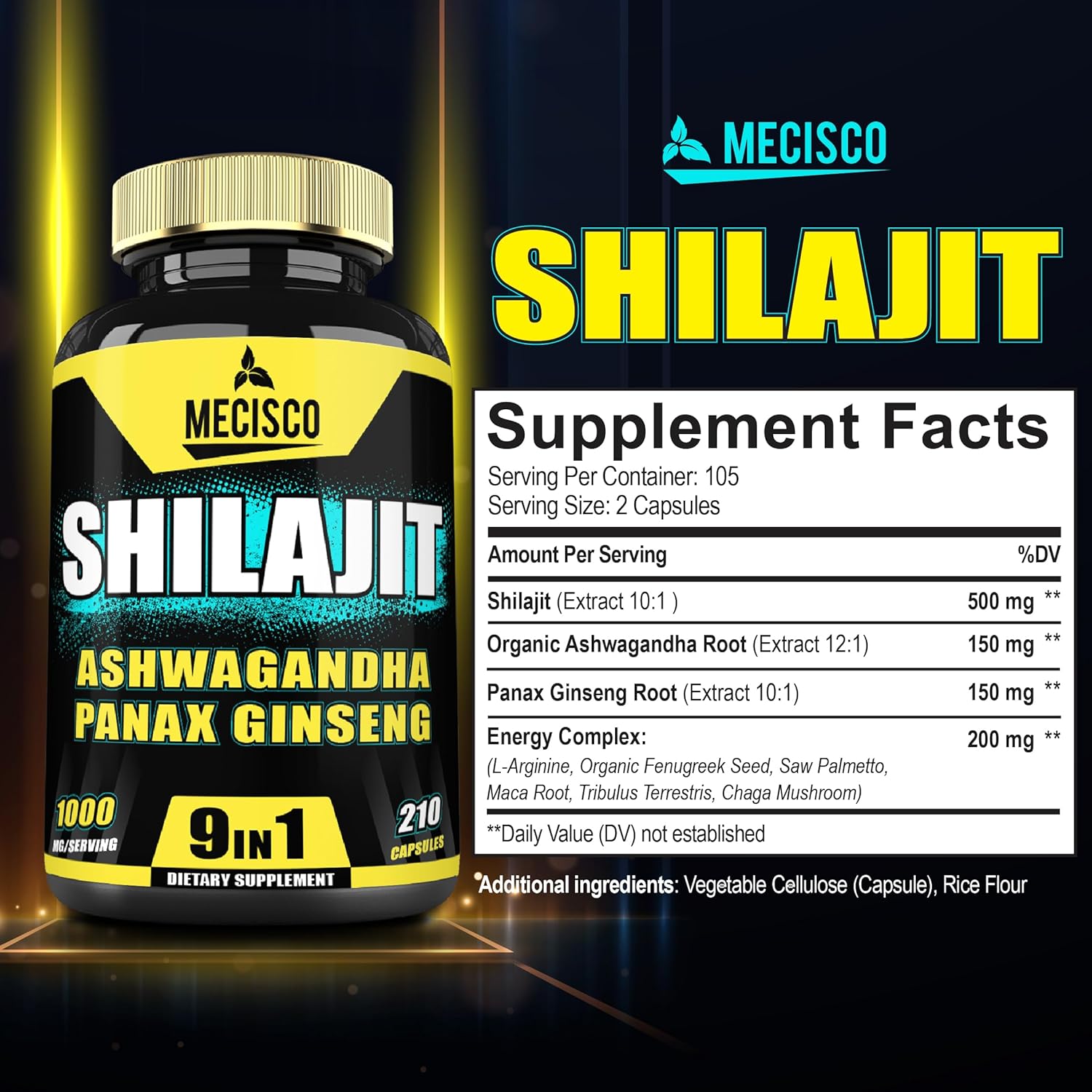 210 Capsules of Mecisco 9in1 Shilajit Pure Himalayan Organic Supplement with Ashwagandha, Panax Ginseng, L-Arginine, Chaga - Immunity, Energy, Stamina & Mood Boost