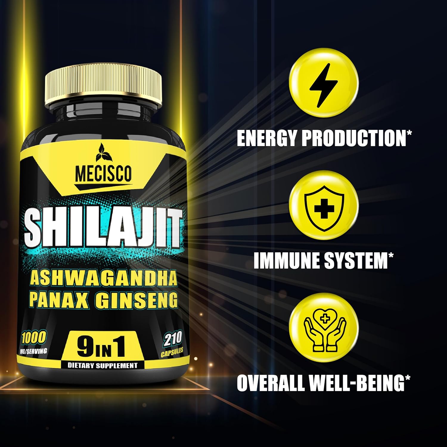 210 Capsules of Mecisco 9in1 Shilajit Pure Himalayan Organic Supplement with Ashwagandha, Panax Ginseng, L-Arginine, Chaga - Immunity, Energy, Stamina & Mood Boost