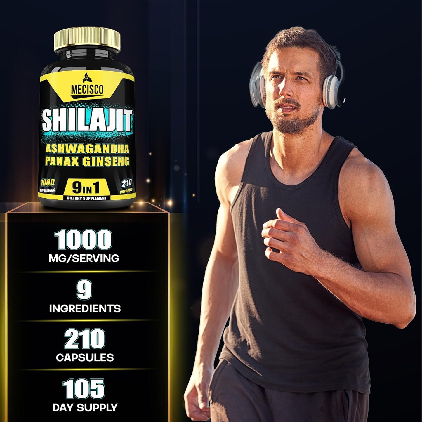 210 Capsules of Mecisco 9in1 Shilajit Pure Himalayan Organic Supplement with Ashwagandha, Panax Ginseng, L-Arginine, Chaga - Immunity, Energy, Stamina & Mood Boost