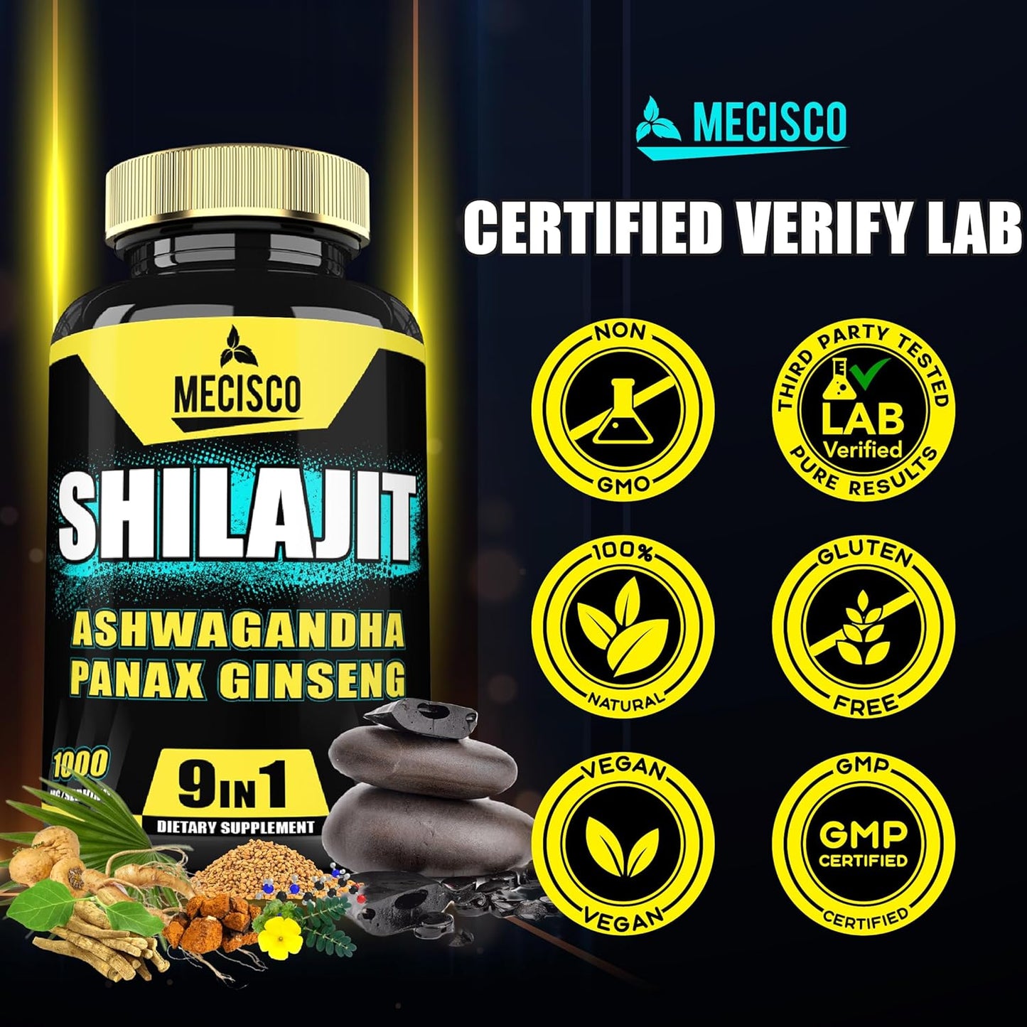 210 Capsules of Mecisco 9in1 Shilajit Pure Himalayan Organic Supplement with Ashwagandha, Panax Ginseng, L-Arginine, Chaga - Immunity, Energy, Stamina & Mood Boost