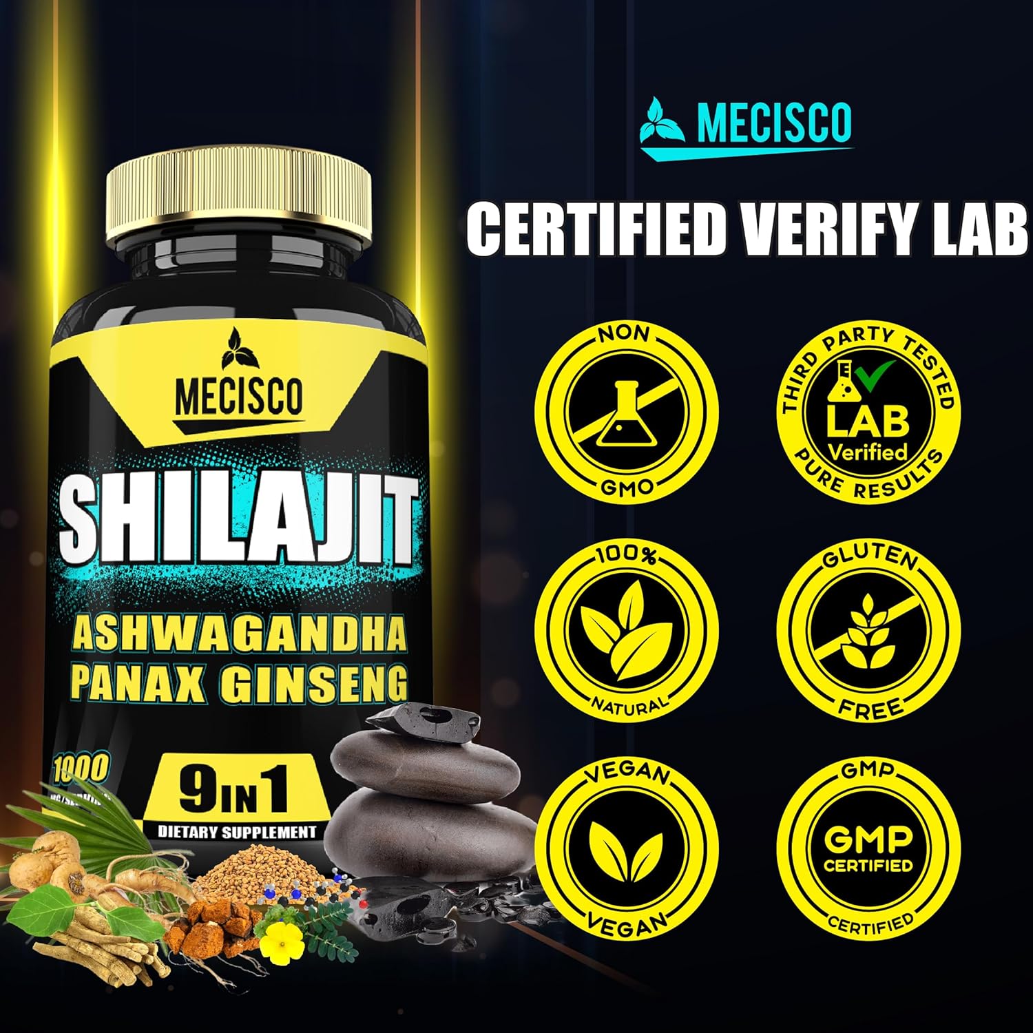 210 Capsules of Mecisco 9in1 Shilajit Pure Himalayan Organic Supplement with Ashwagandha, Panax Ginseng, L-Arginine, Chaga - Immunity, Energy, Stamina & Mood Boost