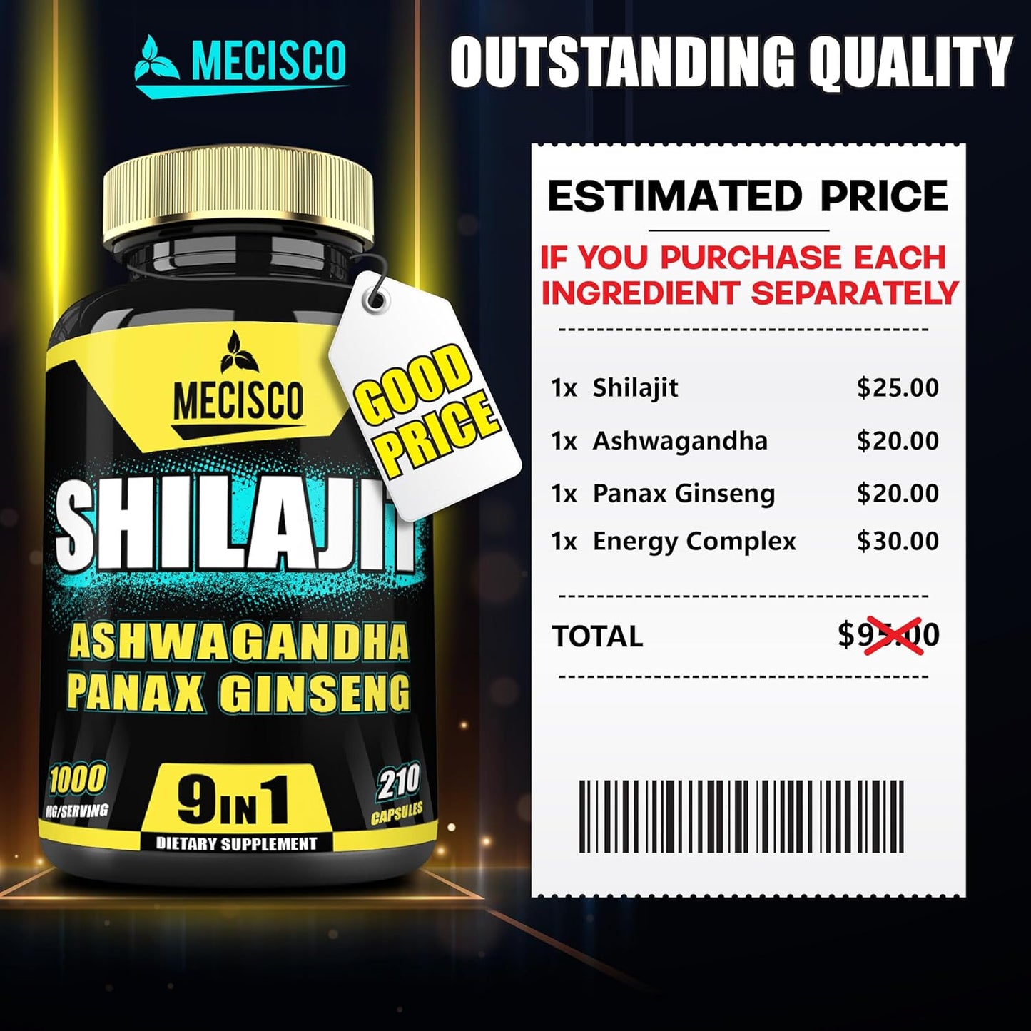 210 Capsules of Mecisco 9in1 Shilajit Pure Himalayan Organic Supplement with Ashwagandha, Panax Ginseng, L-Arginine, Chaga - Immunity, Energy, Stamina & Mood Boost