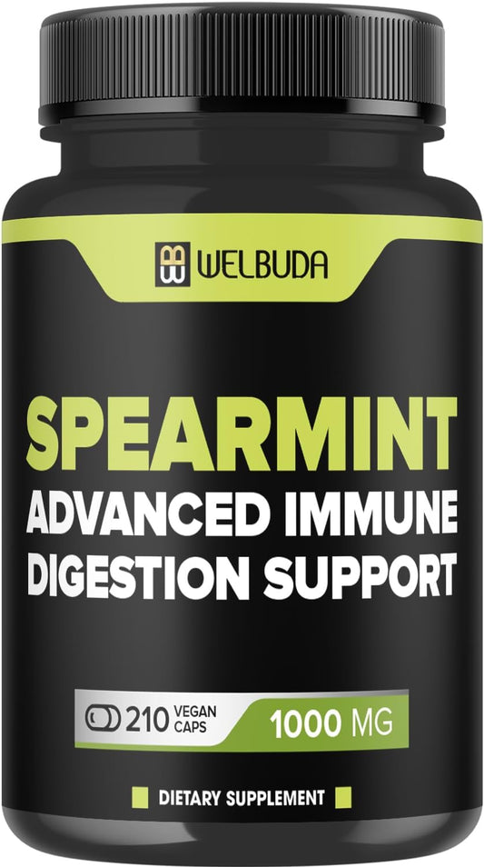 210 Capsules of WELBUDA Spearmint Supplement with Olive Leaf, Ginger Root, Black Pepper - Promotes Digestion, Respiratory Health, Immunity, Positive Mood