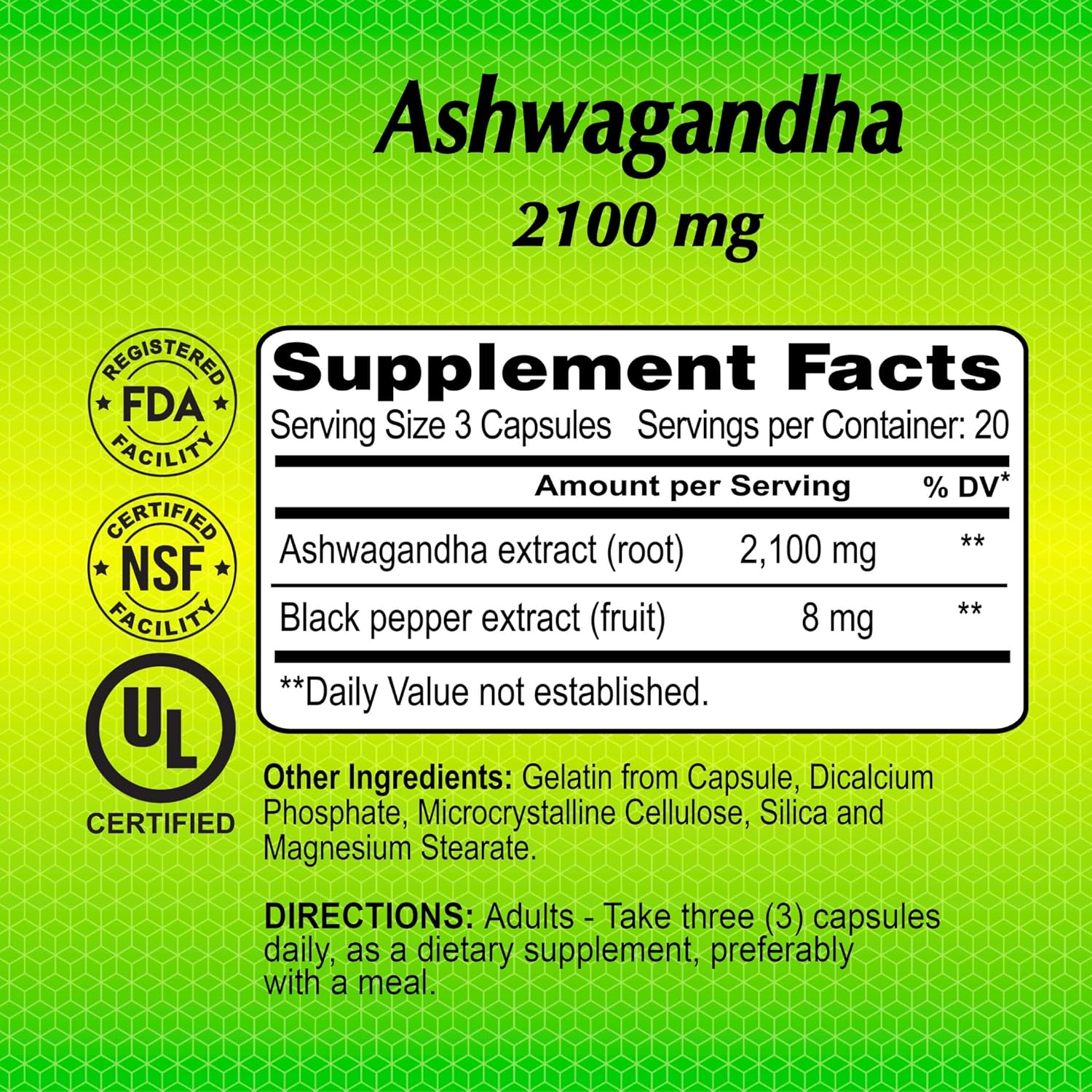 2,100 mg Ashwagandha Capsules - Pure Ashwagandha Powder & Root Extract - Immune Support, Stress Relief, Mood Enhancement - 60 Count