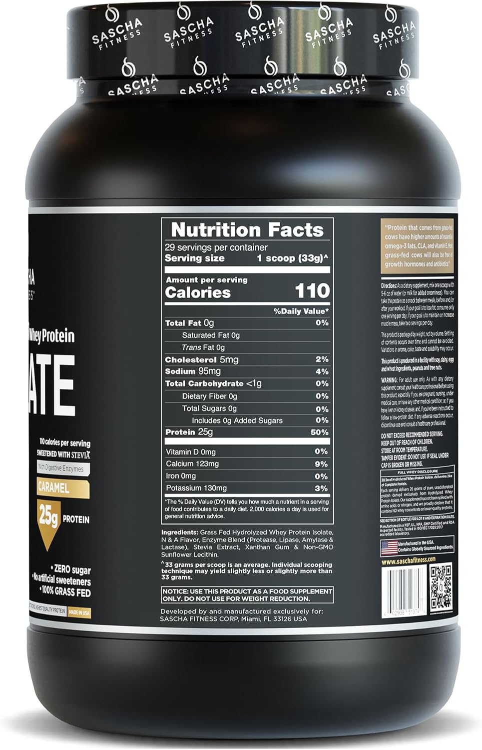 2.11 lbs Grass-Fed Hydrolyzed Whey Protein Isolate Powder - Caramel Flavor by SASCHA FITNESS