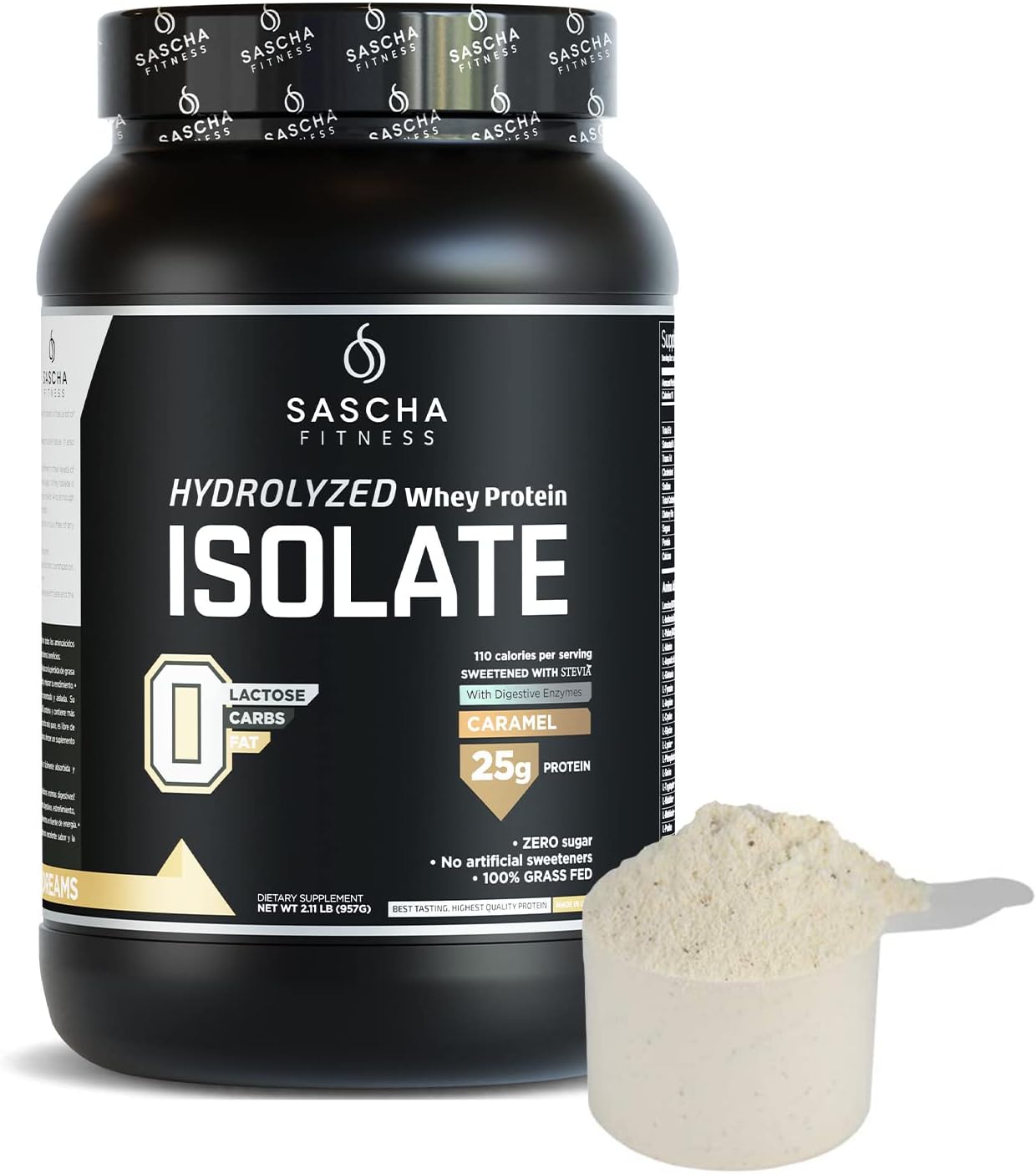2.11 lbs Grass-Fed Hydrolyzed Whey Protein Isolate Powder - Caramel Flavor by SASCHA FITNESS