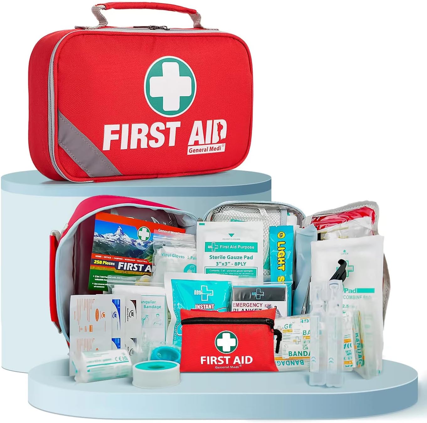 215 Piece General Medi 2-in-1 First Aid Kit with Bonus 43 Piece Mini Kit - Includes Ice Pack, Moleskin Pad, Emergency Blanket - Travel, Home, Office, Car, Workplace