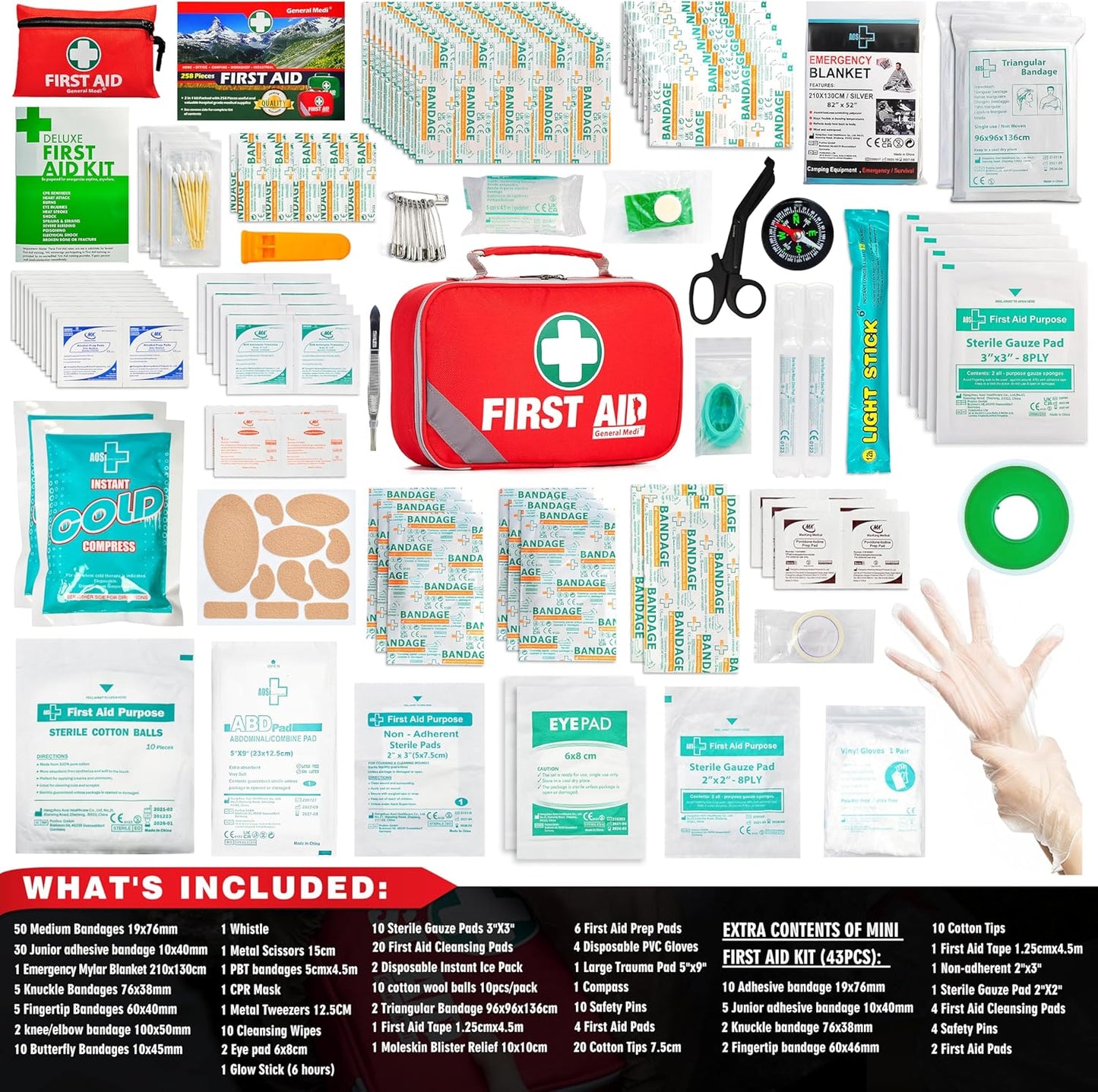 215 Piece General Medi 2-in-1 First Aid Kit with Bonus 43 Piece Mini Kit - Includes Ice Pack, Moleskin Pad, Emergency Blanket - Travel, Home, Office, Car, Workplace