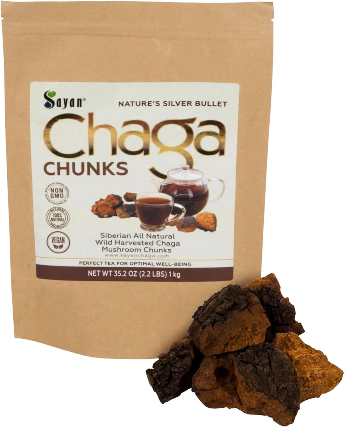 2.2 lb Sayan Siberian Wild-Harvested Raw Chaga Mushroom Chunks with Black Top Crust - Immune Support Tea for Focus and Digestive Health - Non-GMO - 35.2 Oz