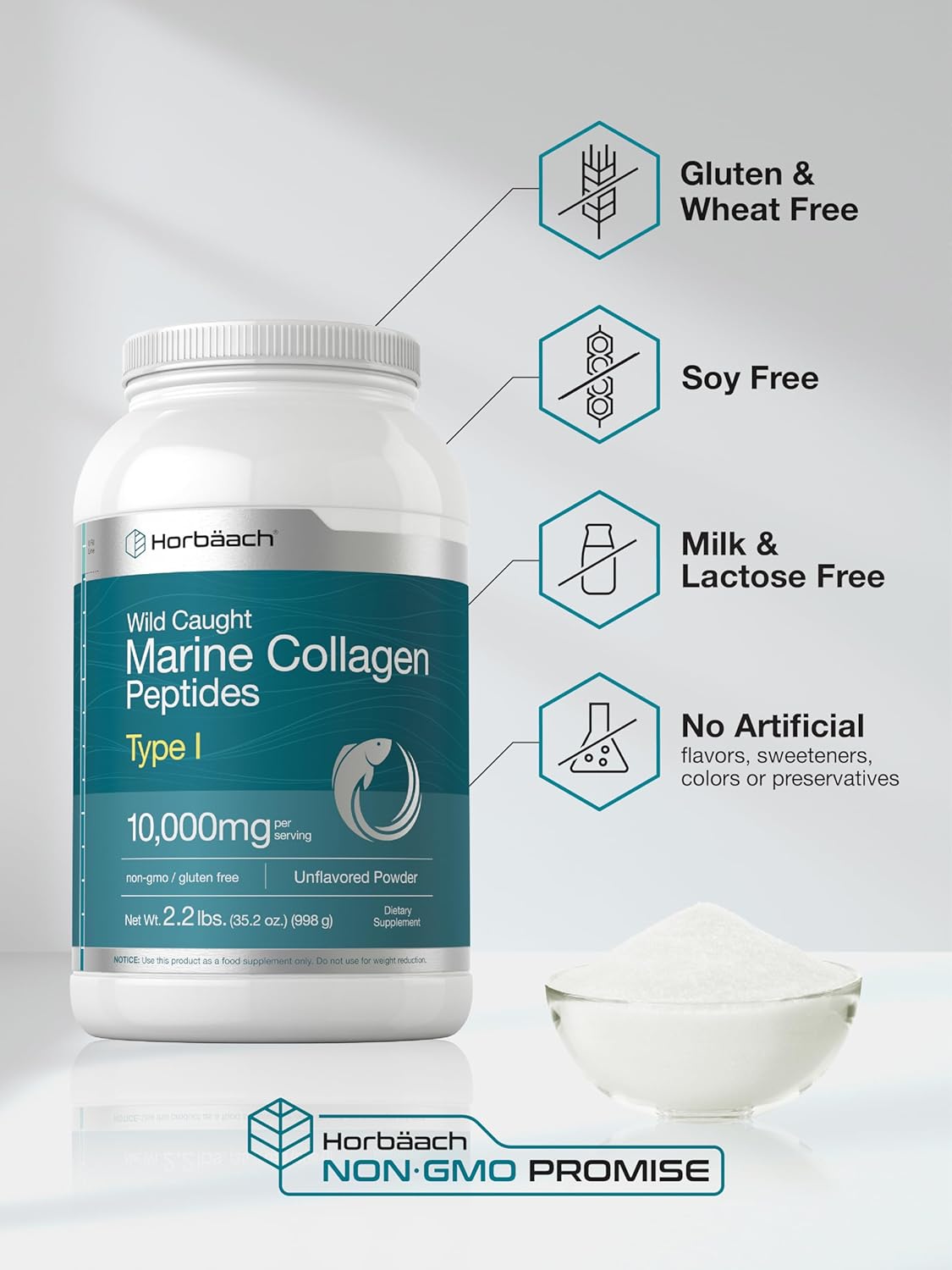 2.2 lbs Horbäach Marine Collagen Powder - Hydrolyzed Peptides for Keto, Paleo Diet - Unflavored Non-GMO Gluten Free